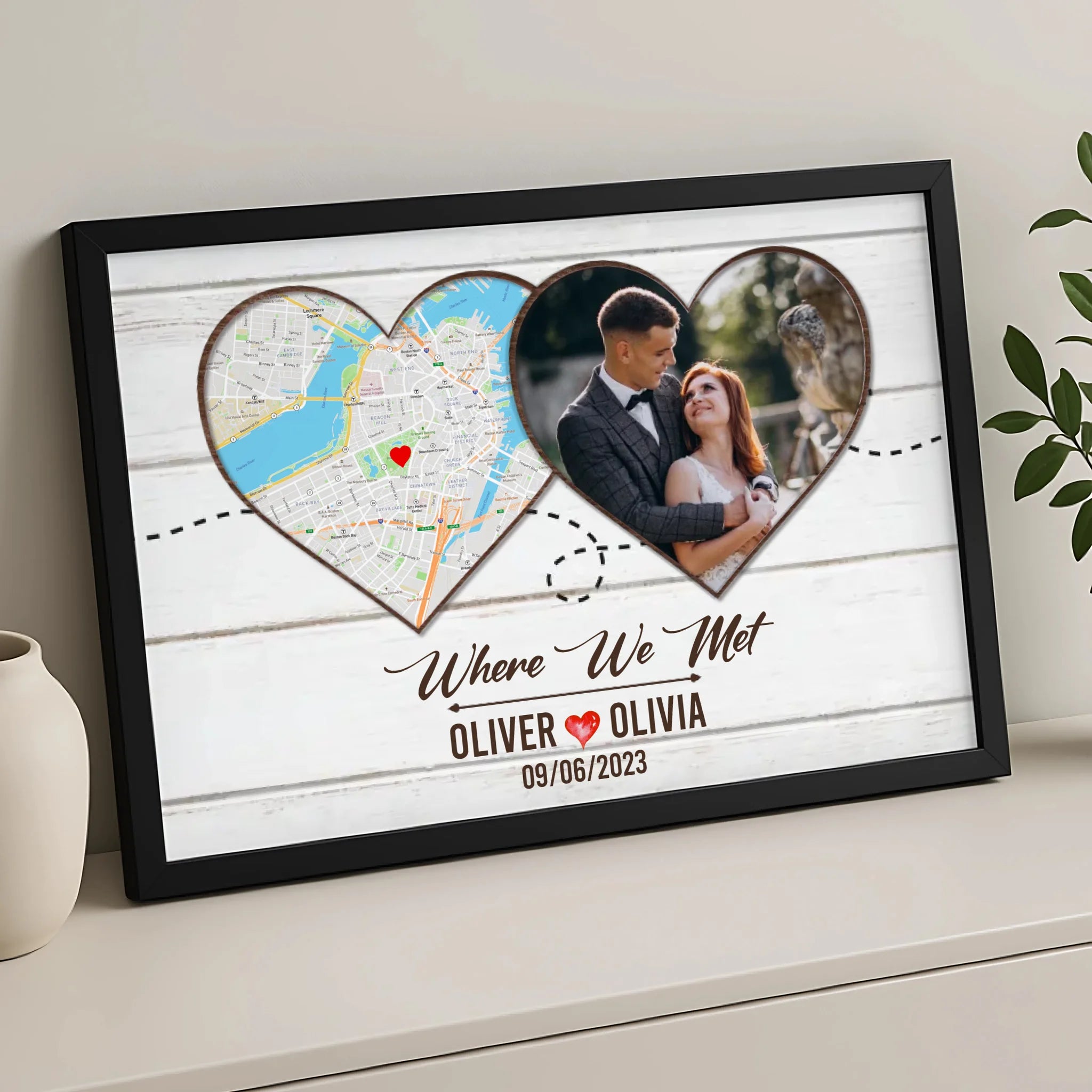 Custom map and photo print framed in white showing location, names and date