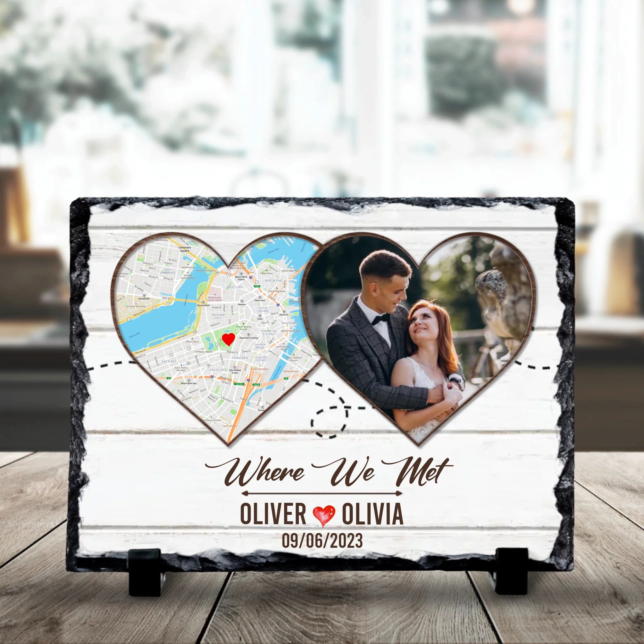 19x14cm rectangular personalised photo slate with map and date printed on natural slate