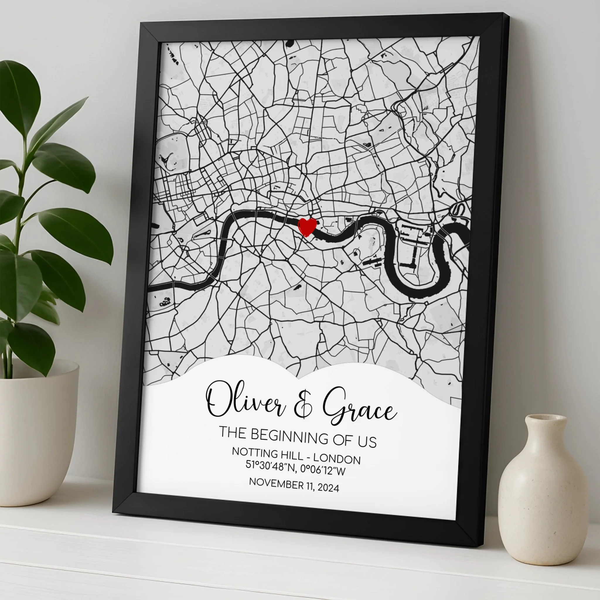Custom location wall art print with personalised text, framed in black