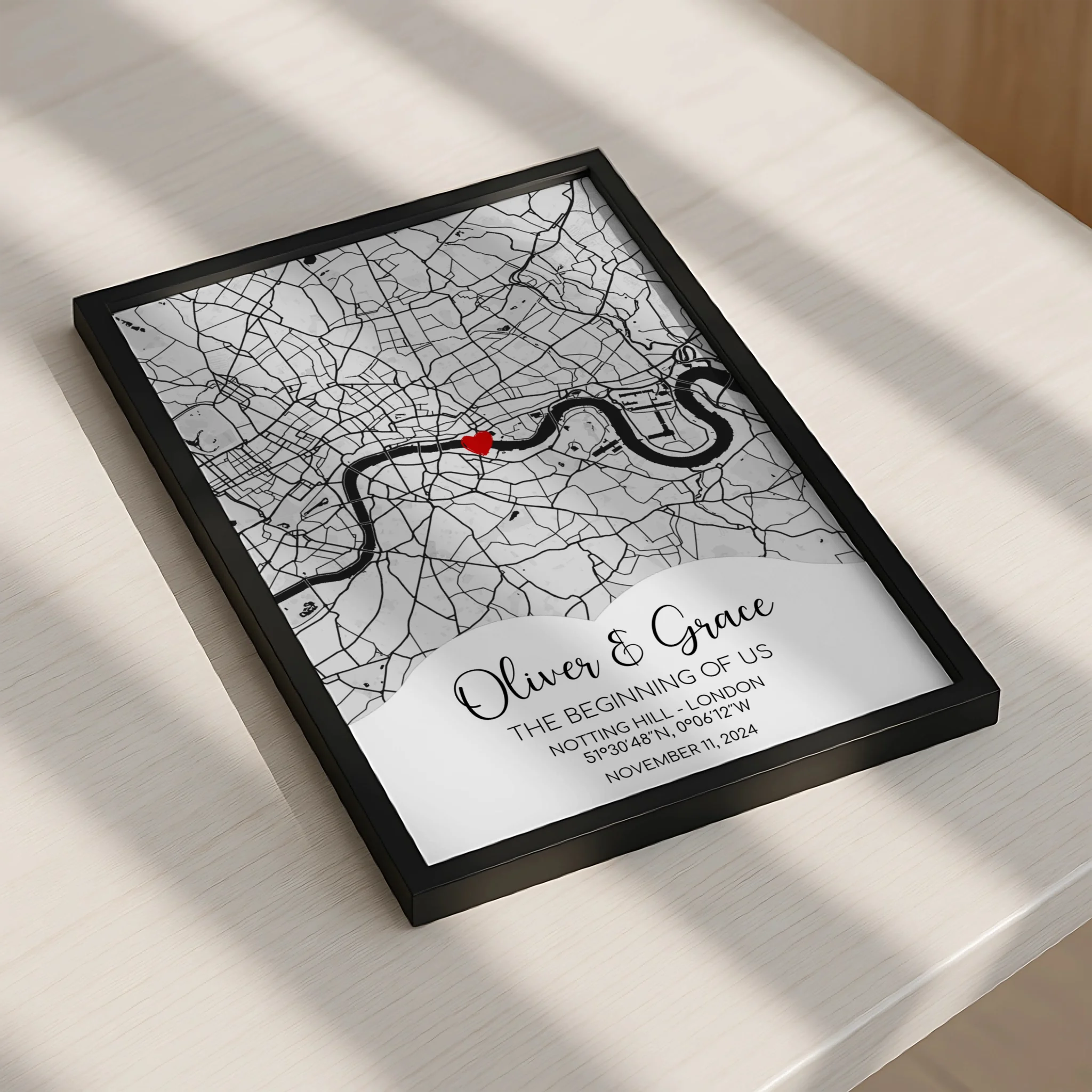 Framed personalised map print gift for a wedding or anniversary