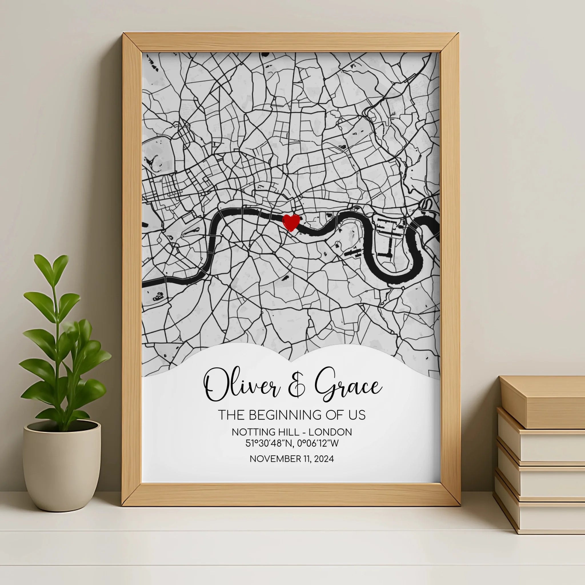 Personalised map print in an oak wood frame with custom names and date