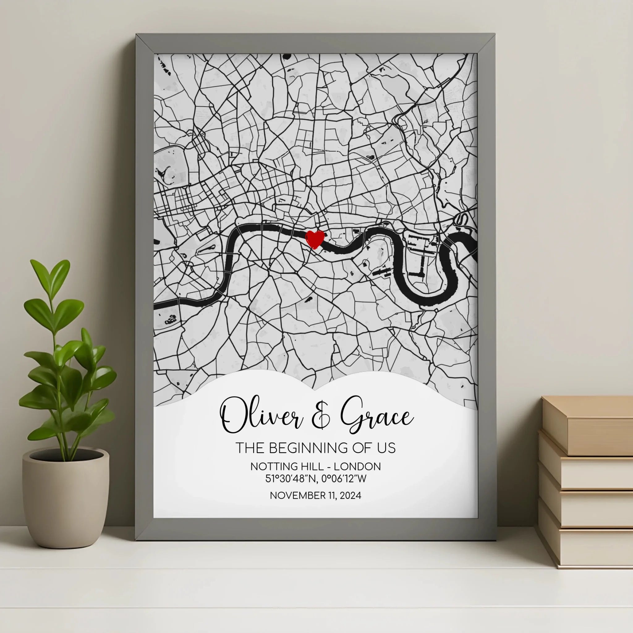 Grey framed personalised map print with custom names and anniversary date