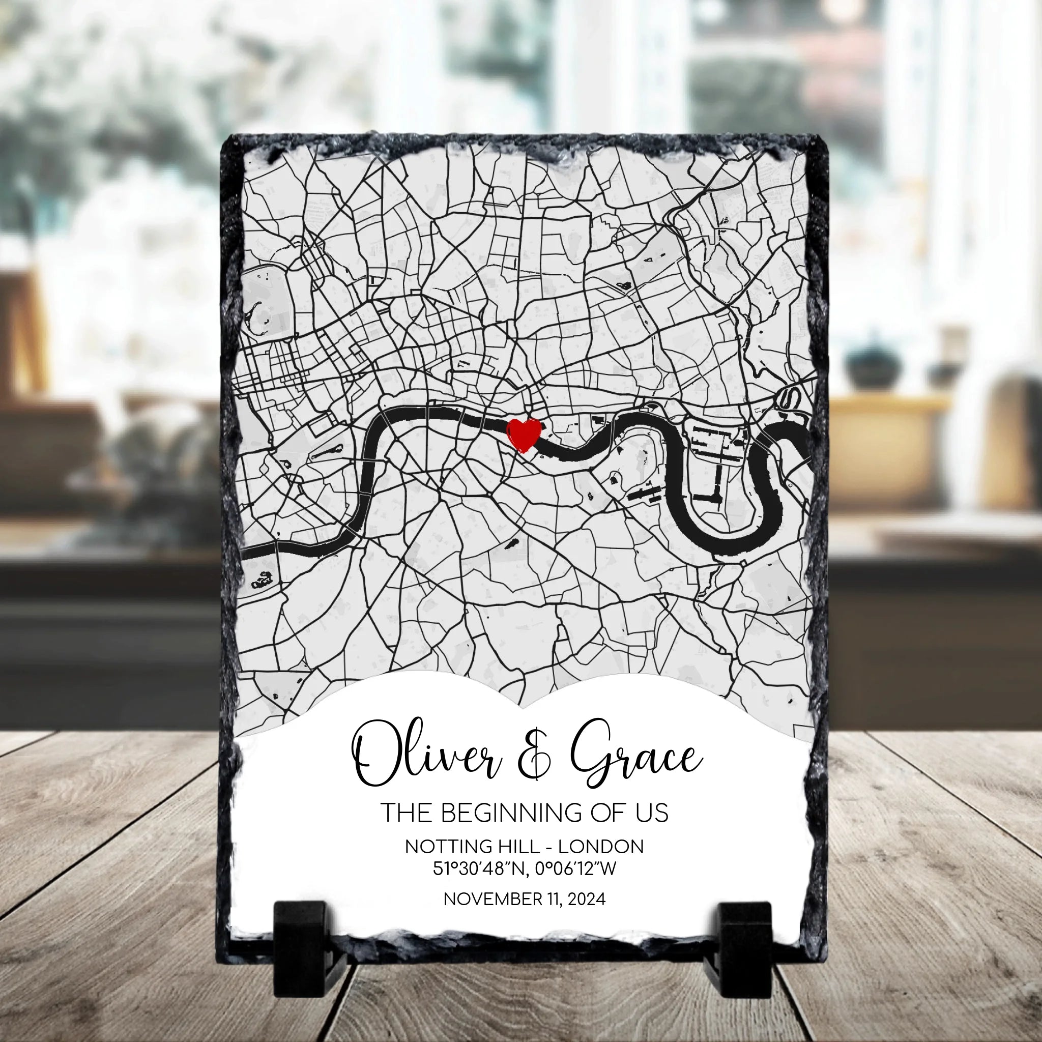 Custom map photo slate gift displayed flat showing location detail and personalised text