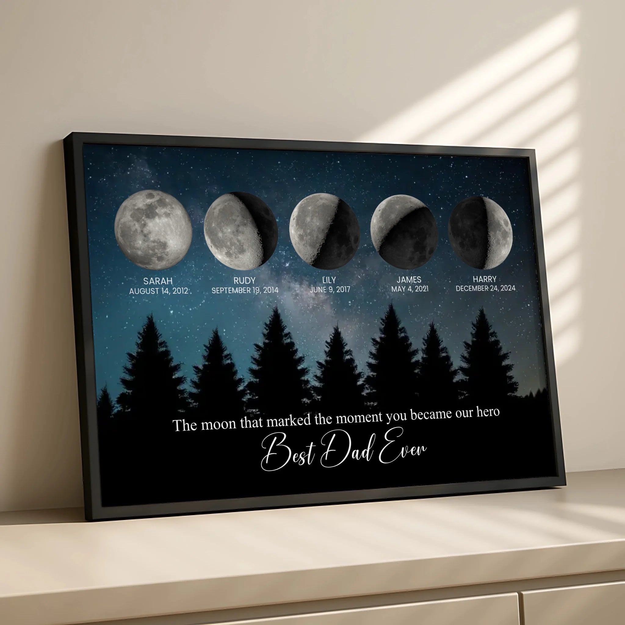 Moon phase family print showing six individual night sky panels in a white frame