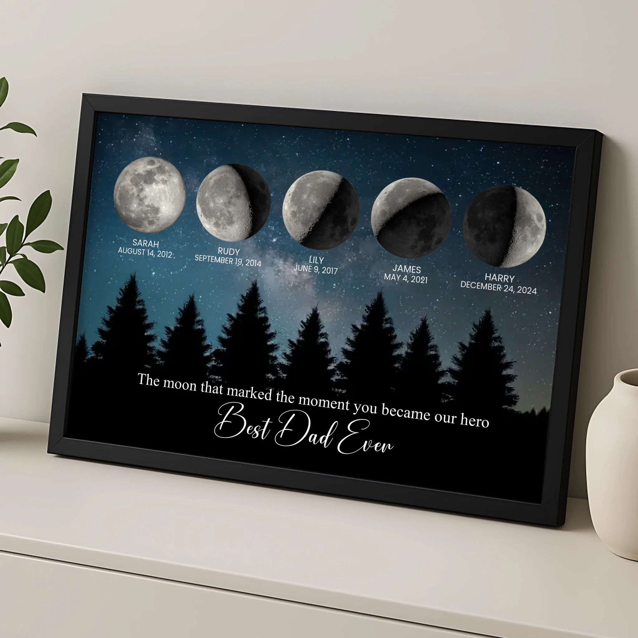 Personalised family moon phase print with four children's names printed beneath each moon