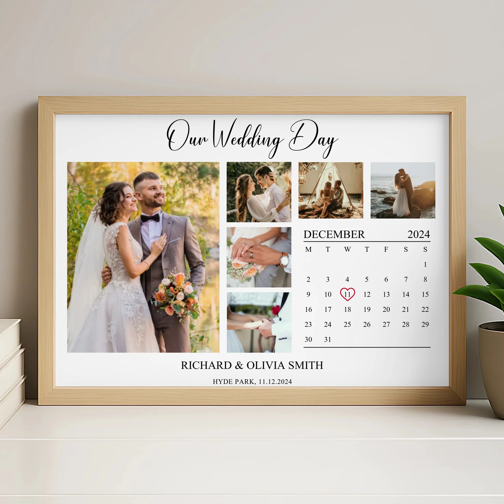 Personalised photo collage print in white frame with custom date and names