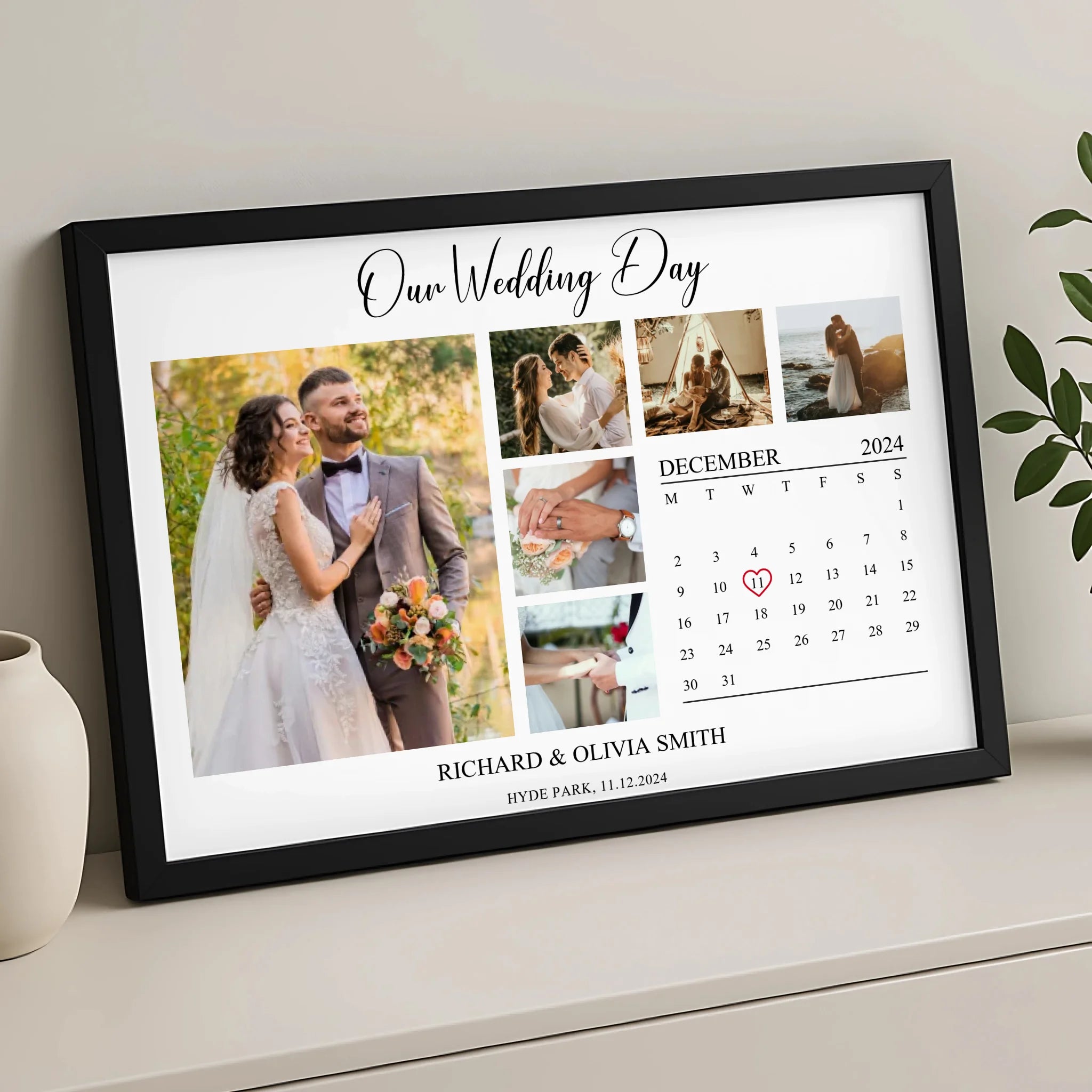 Custom photo frame gift showing a three-photo collage layout with personalised text