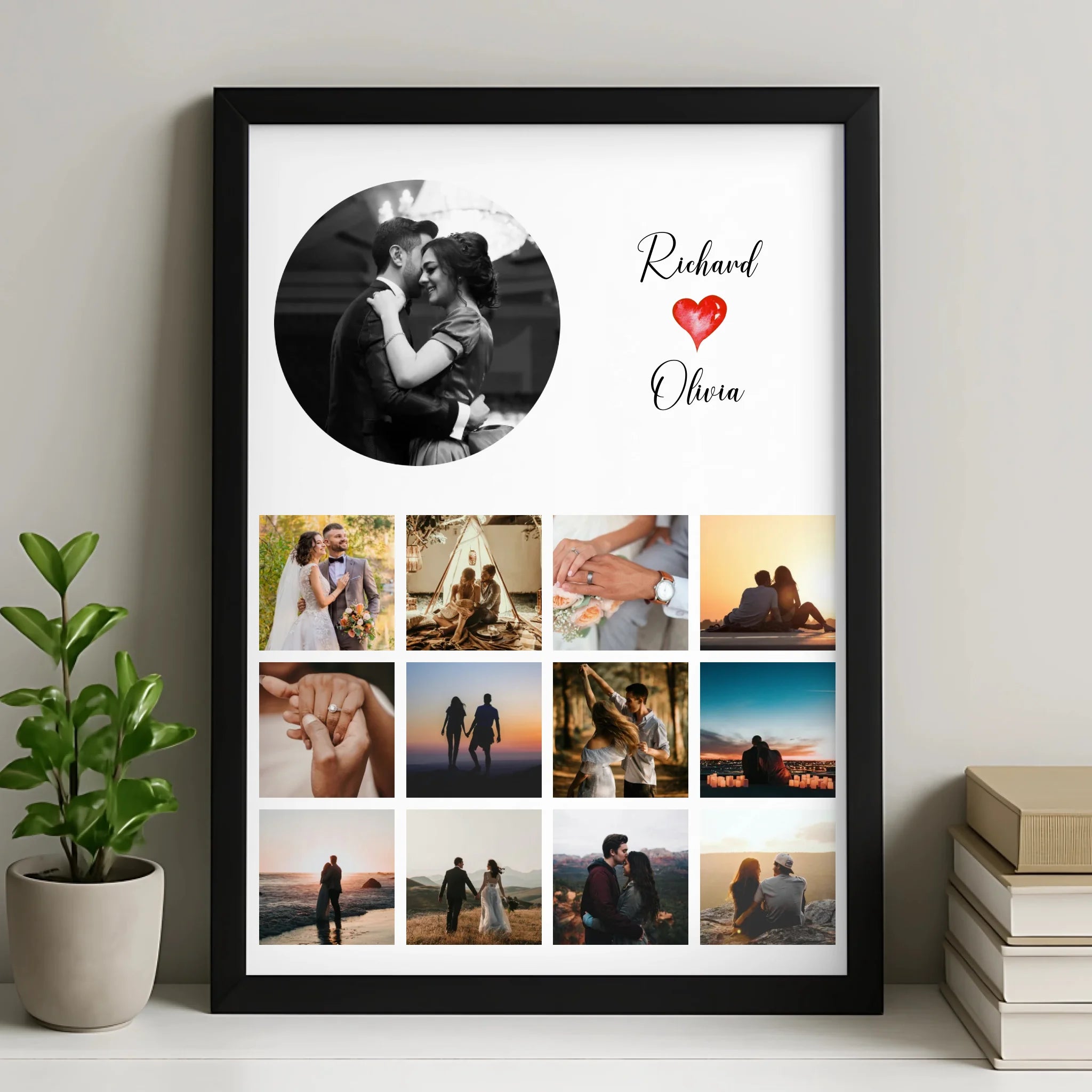 Personalised Photo Collage Print – 13 Photo Custom Wall Art with Names & Text – A4/A3 Framed Gift for Couples or Family