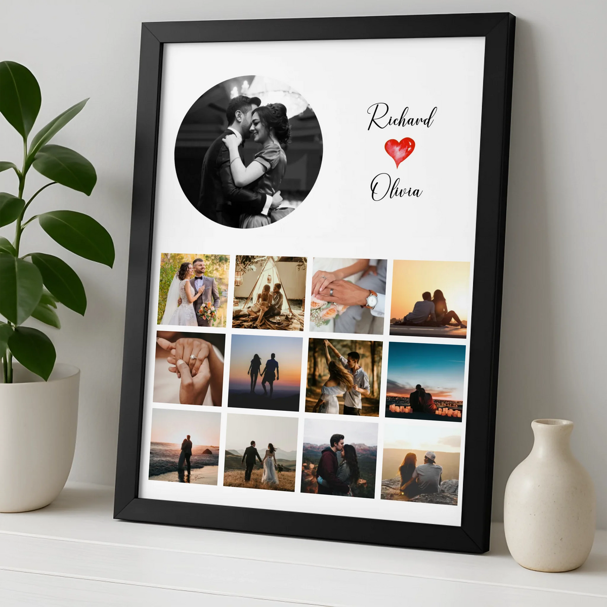 Personalised Photo Collage Print – 13 Photo Custom Wall Art with Names & Text – A4/A3 Framed Gift for Couples or Family