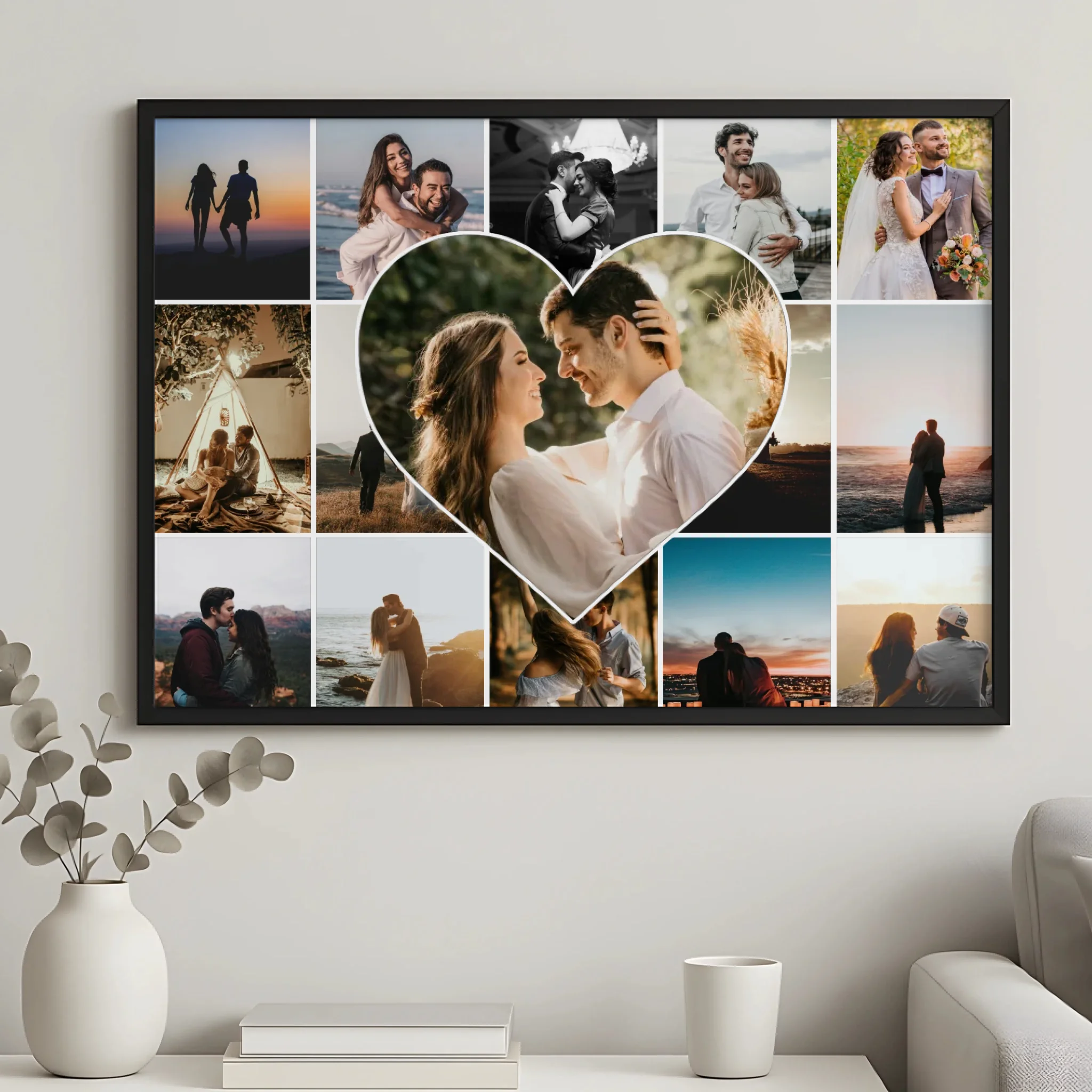 Personalised heart collage print with 15 photos shown unframed on a flat surface