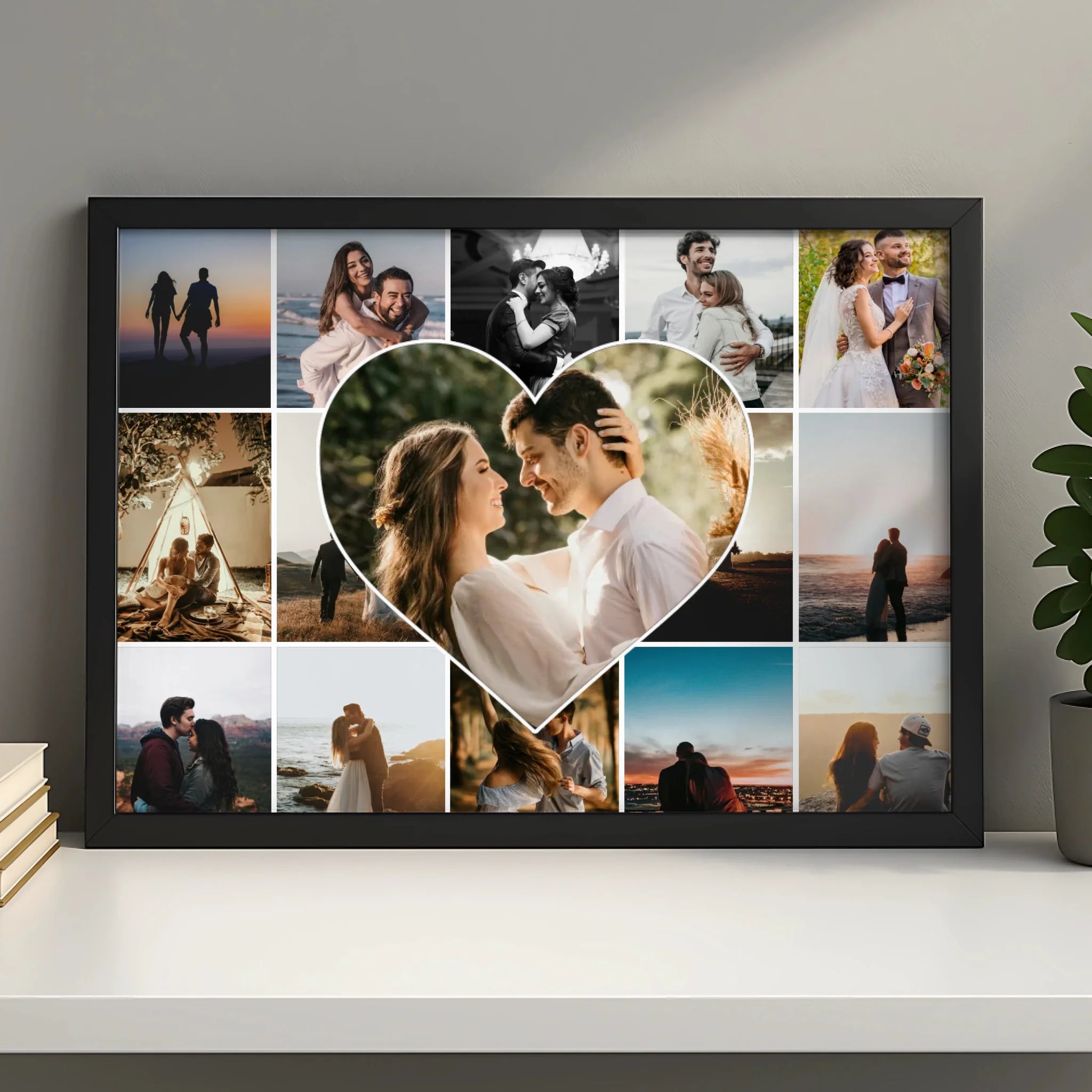 Personalised heart photo wall art print with 15 custom photos arranged around a centre heart image