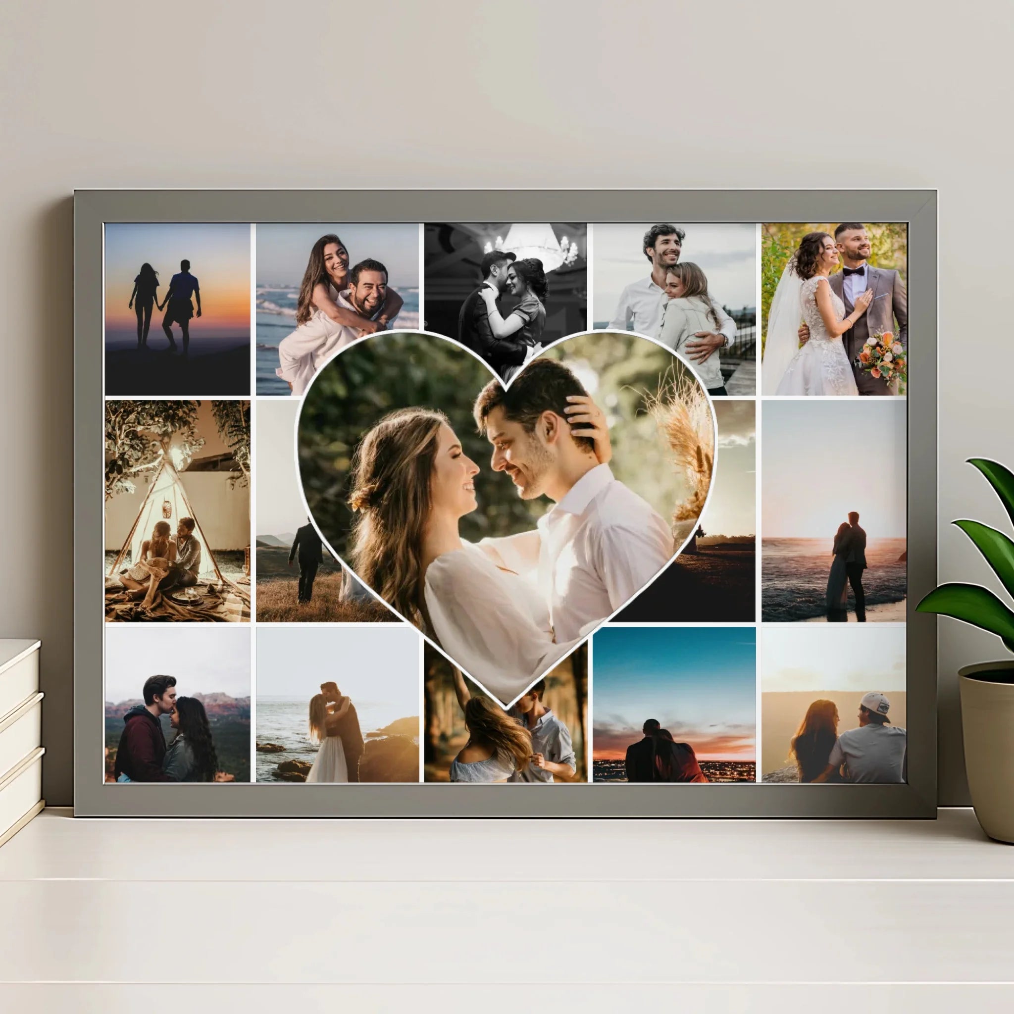 Heart photo collage print with grey frame option showing personalised photo layout