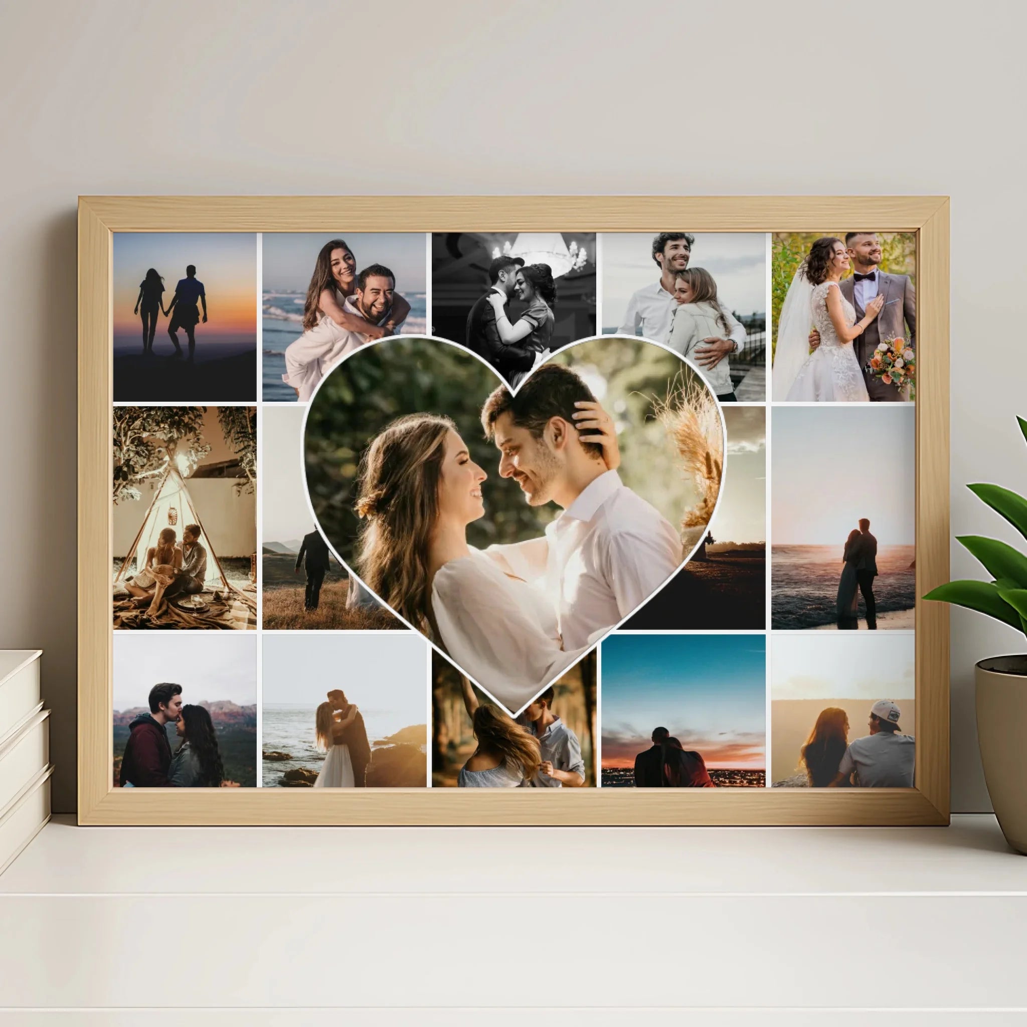 Personalised heart photo collage print with white frame in A4 size