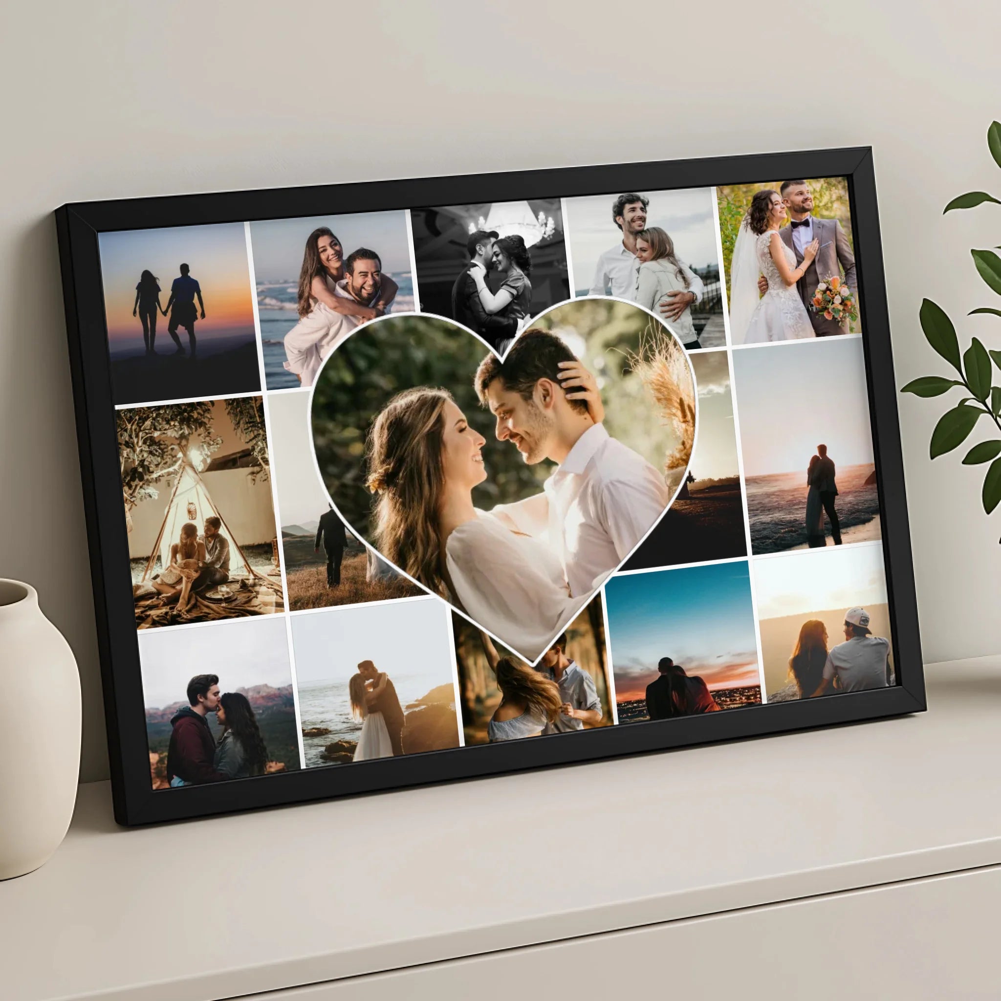 Custom heart photo collage print in A3 size displayed on a wall