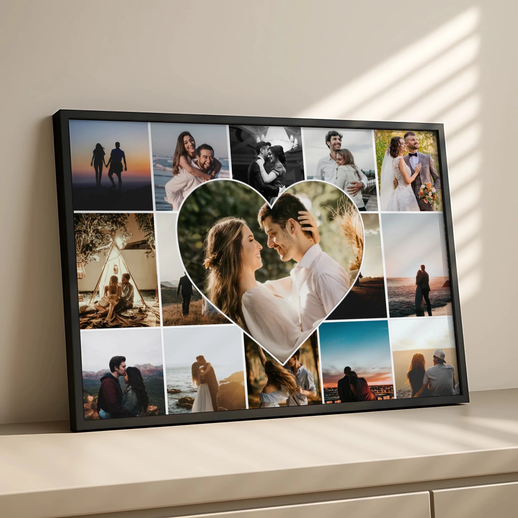 Close-up of personalised 15 photo heart collage print showing photo layout detail