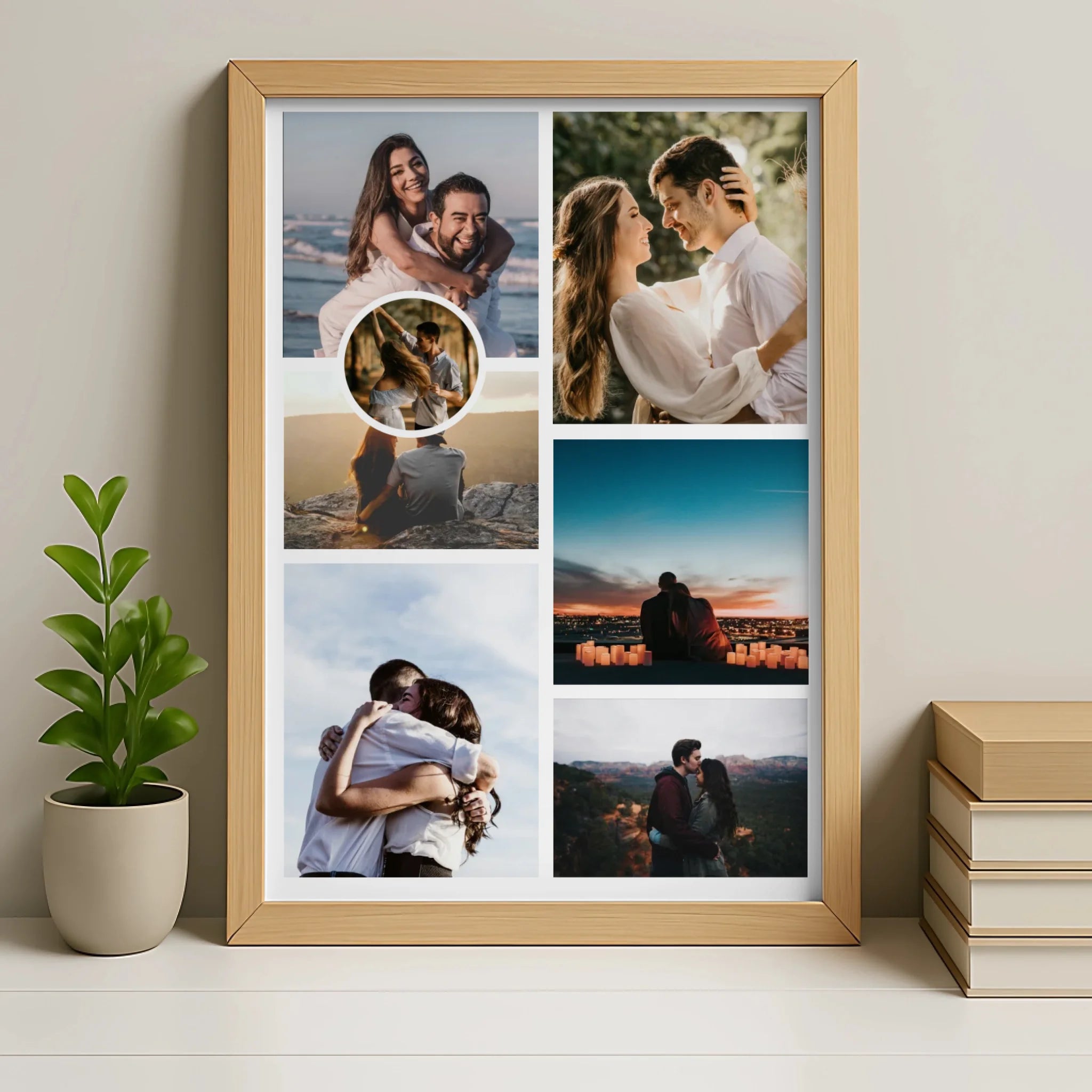 Personalised 7 photo collage print in oak frame finish