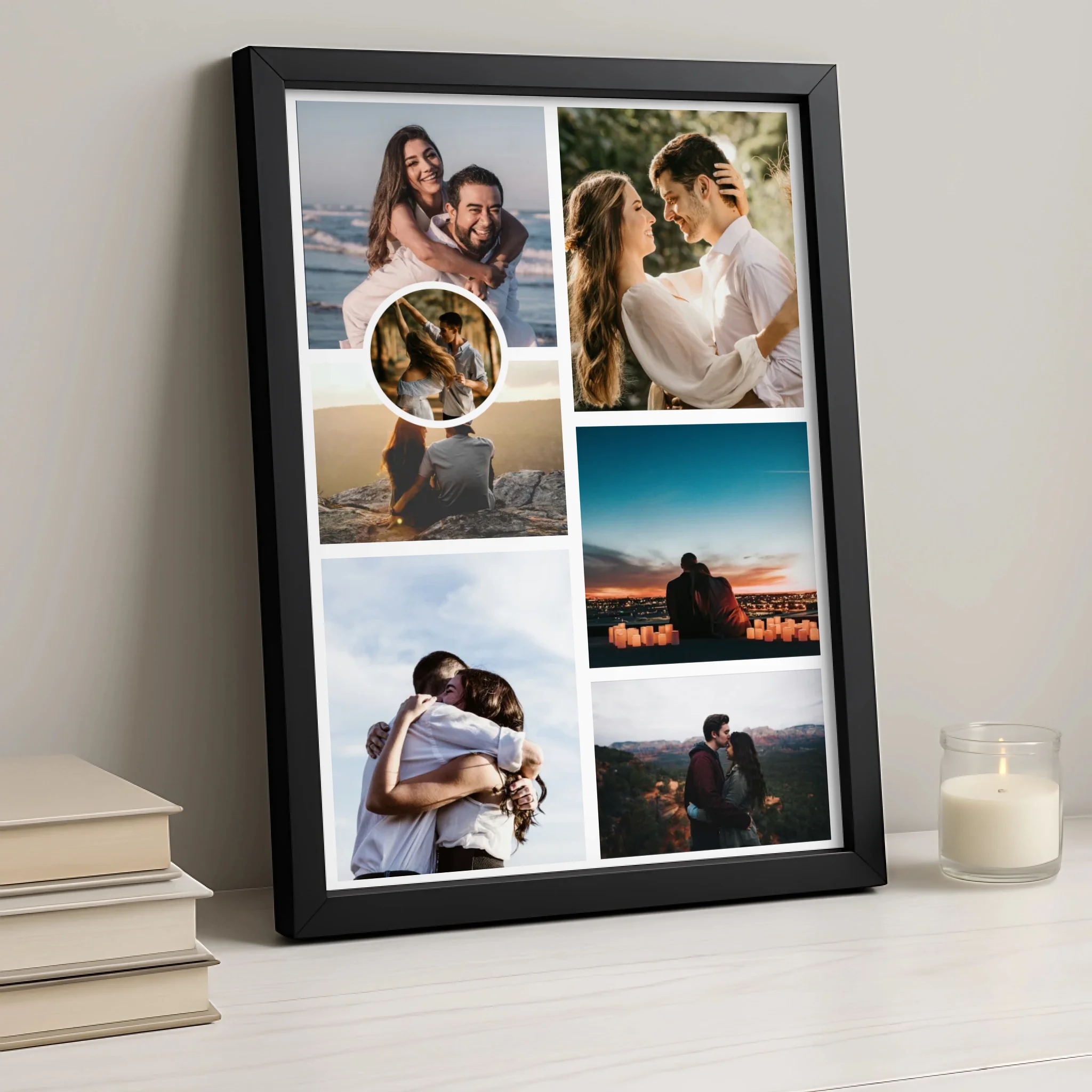 Personalised photo collage wall art print in A3 size with 7 photos and a central feature photo