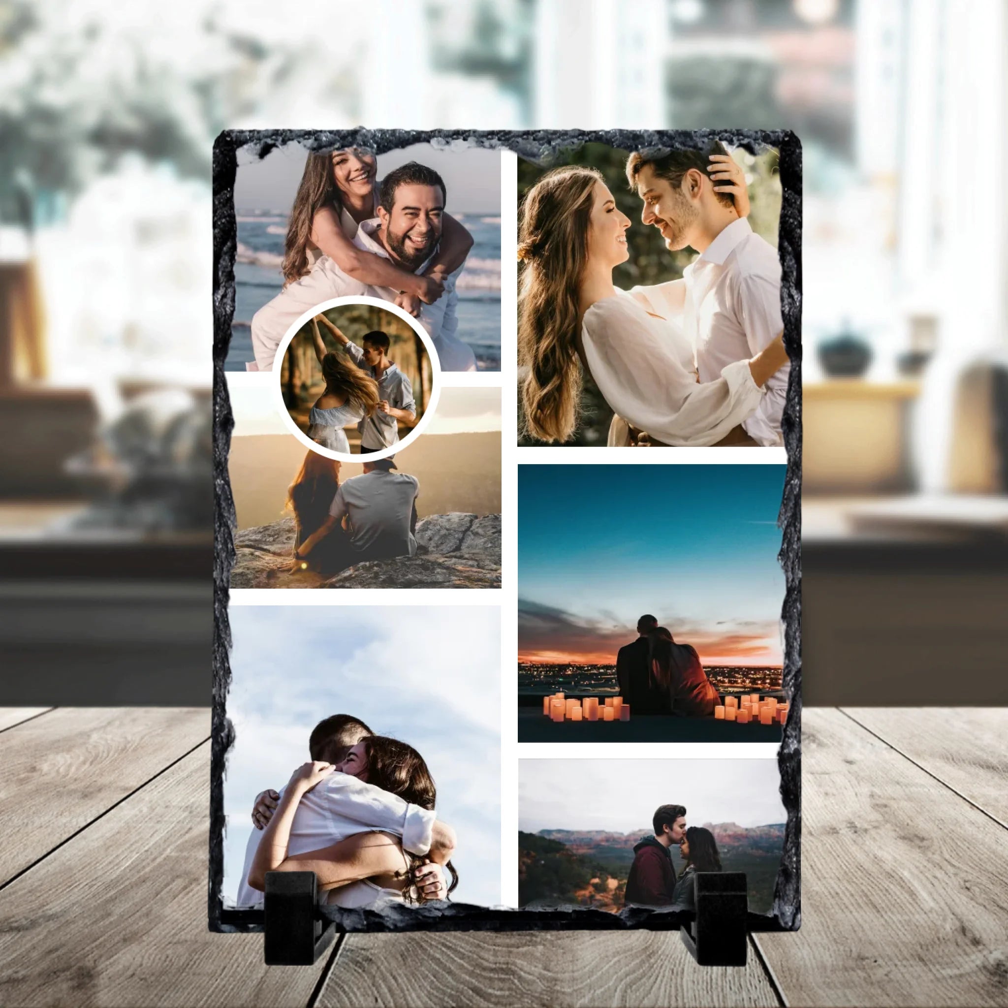 Custom photo slate gift displaying a 7 photo collage layout with a large central photo on natural slate