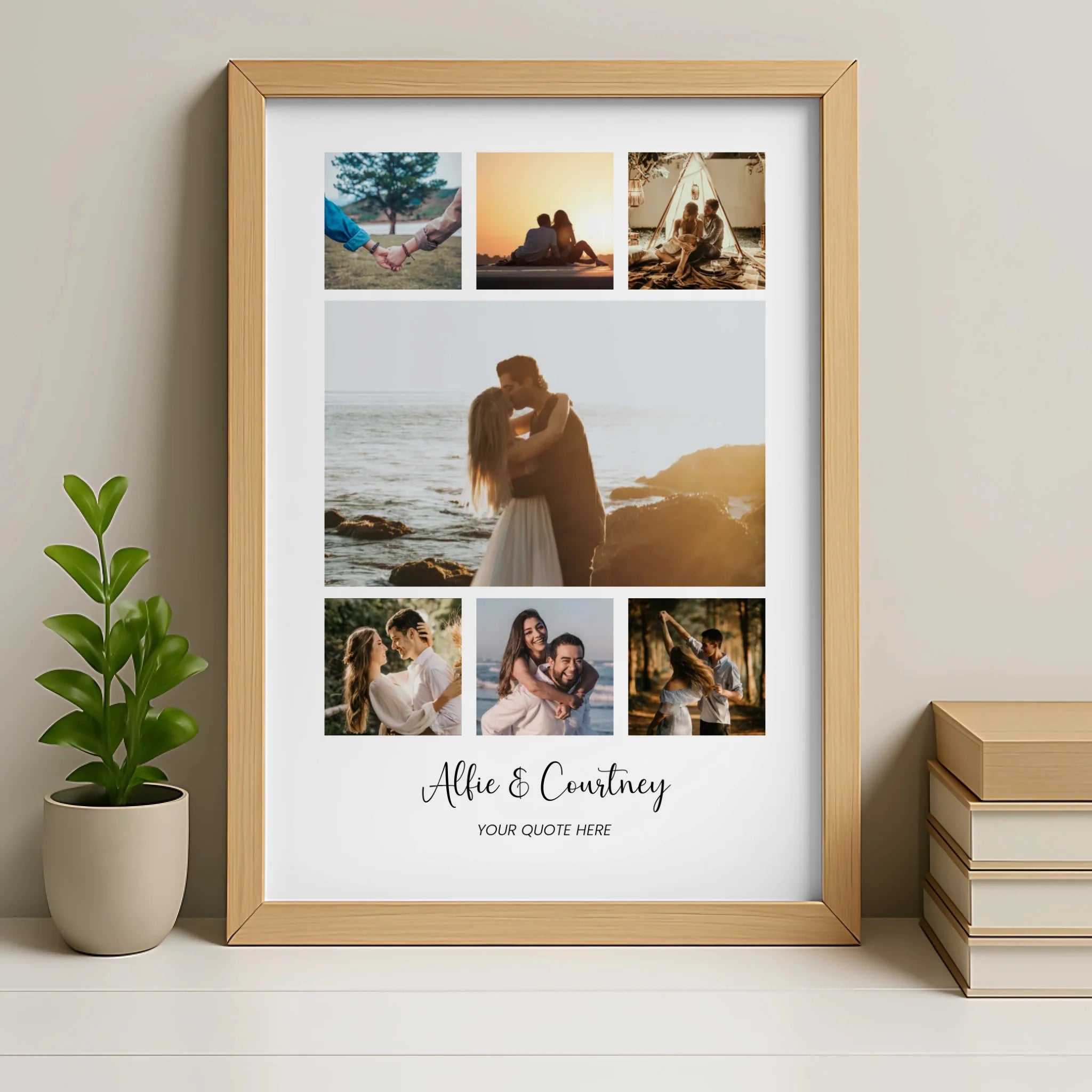 Custom photo collage print displayed in oak picture frame