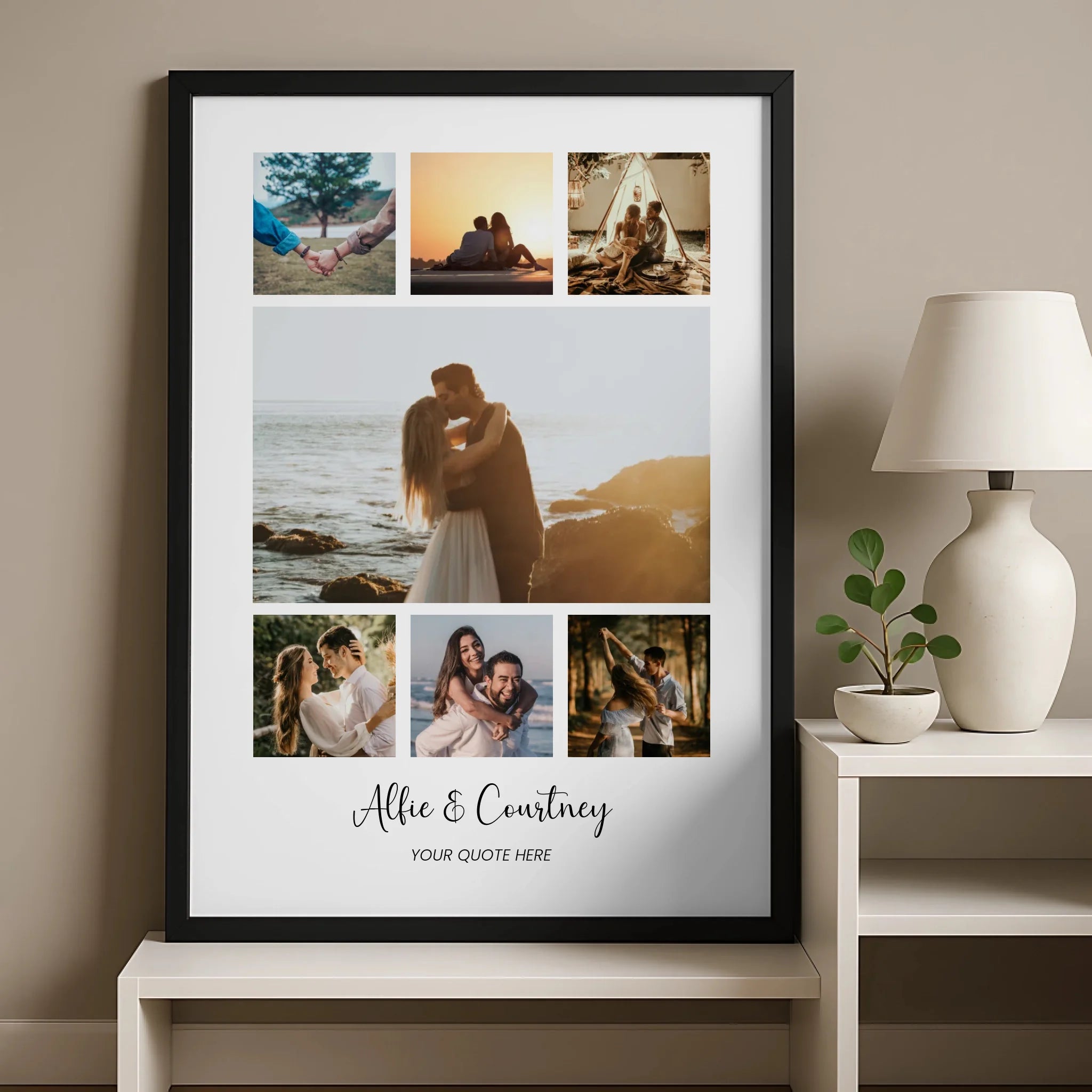 Custom wedding photo gift print with 7 photos and personalised quote