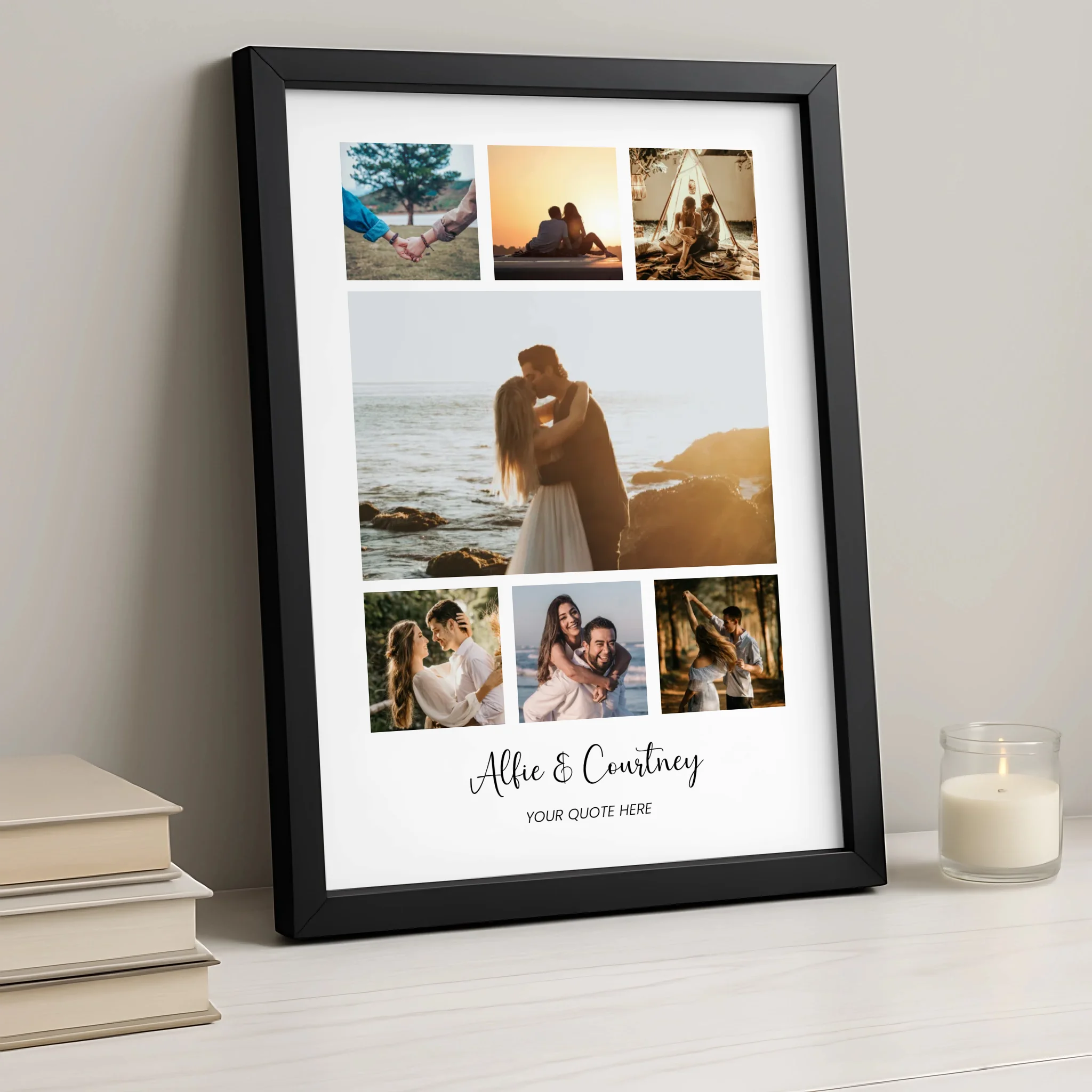 Personalised photo frame print with 7 photos and personalised text in A4 size