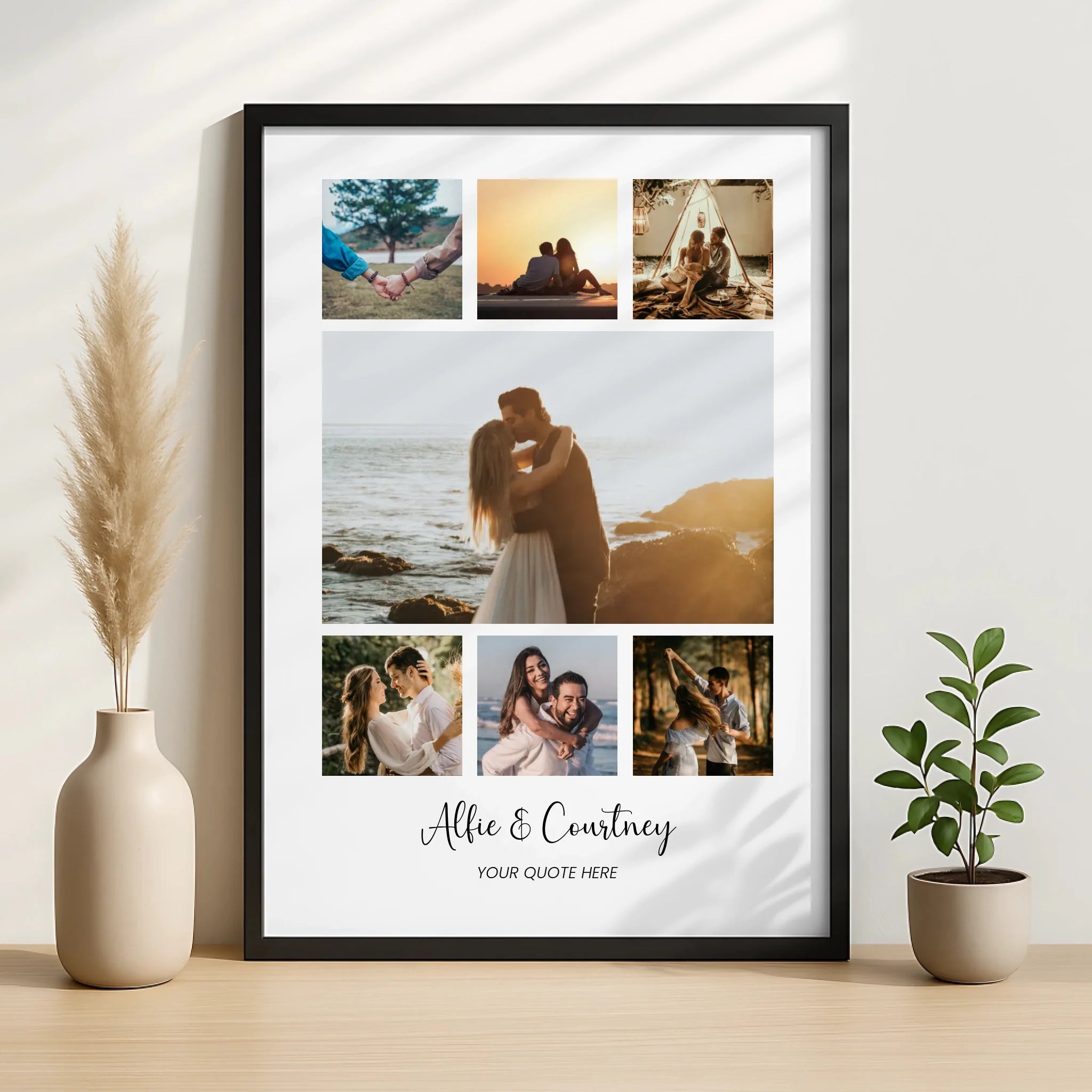 Close-up of personalised photo collage print with couple names and quote