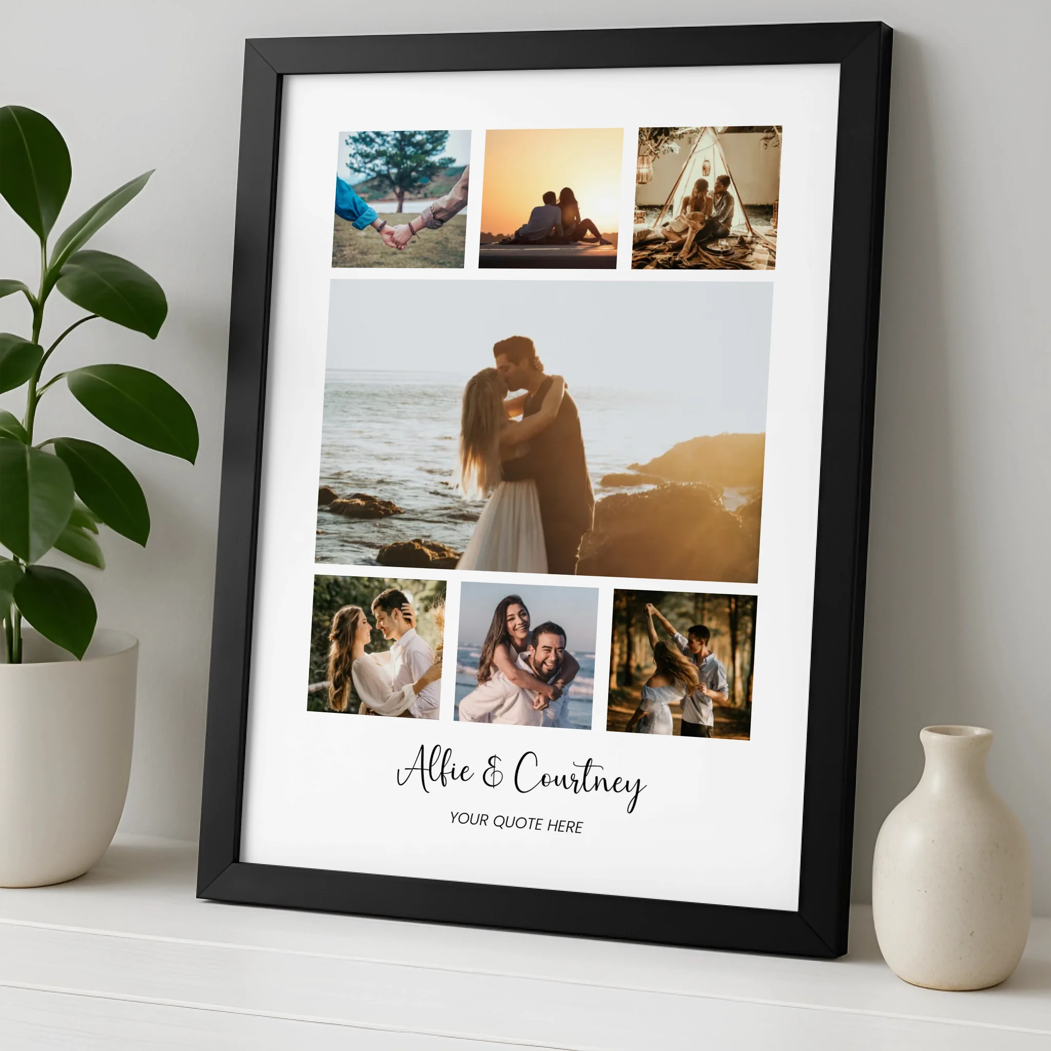 Custom couple photo collage print showing 7 photos with names and quote