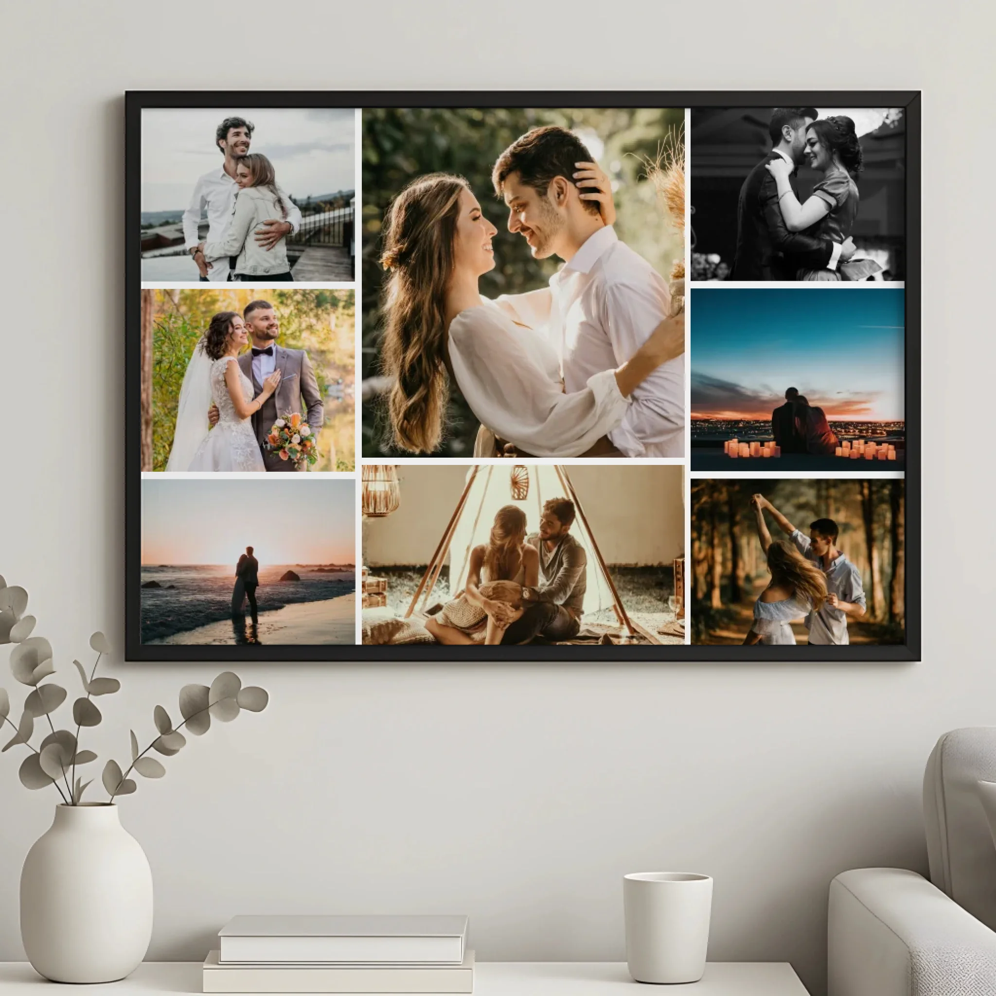 Personalised grid photo collage with 8 photos printed on high quality paper in a frame