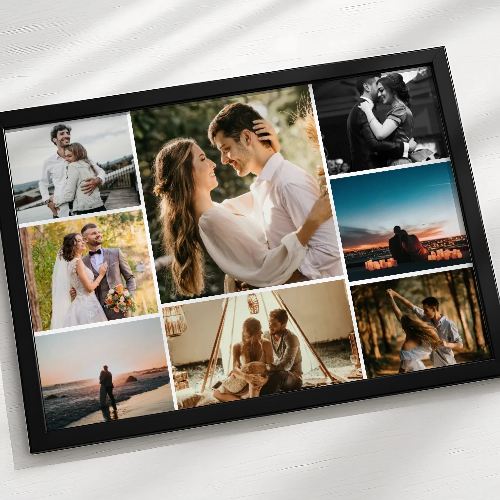 Close-up of a personalised photo collage frame showing 8 photos in a grid arrangement