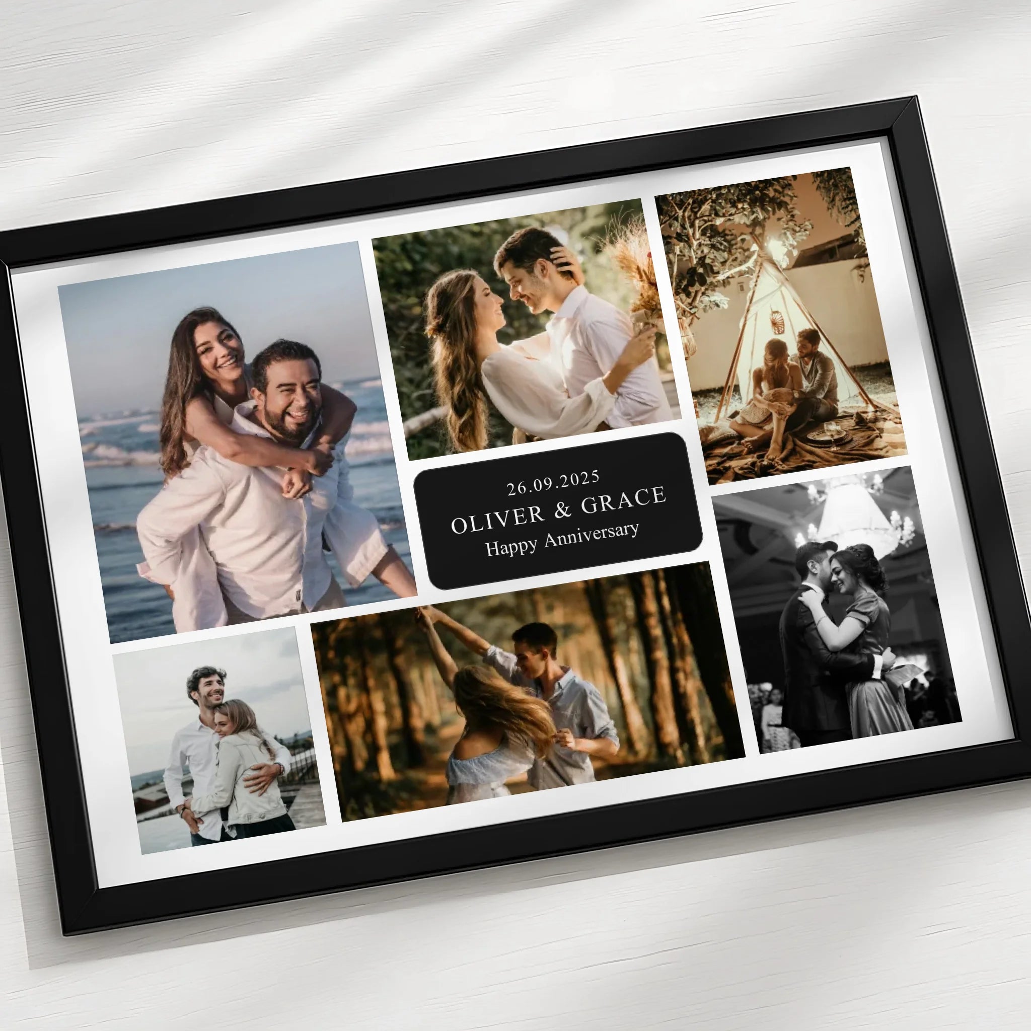 Personalised photo frame print with seven images and custom date, shown in a dark frame