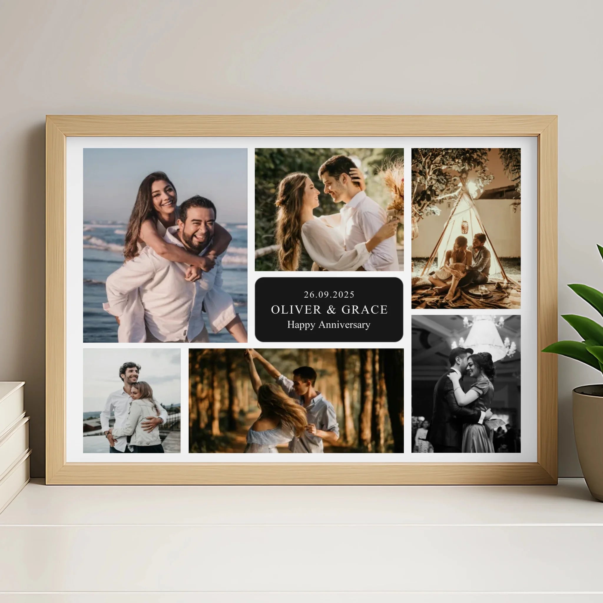 Personalised 7 photo collage print in a white frame, personalised with name, date and message