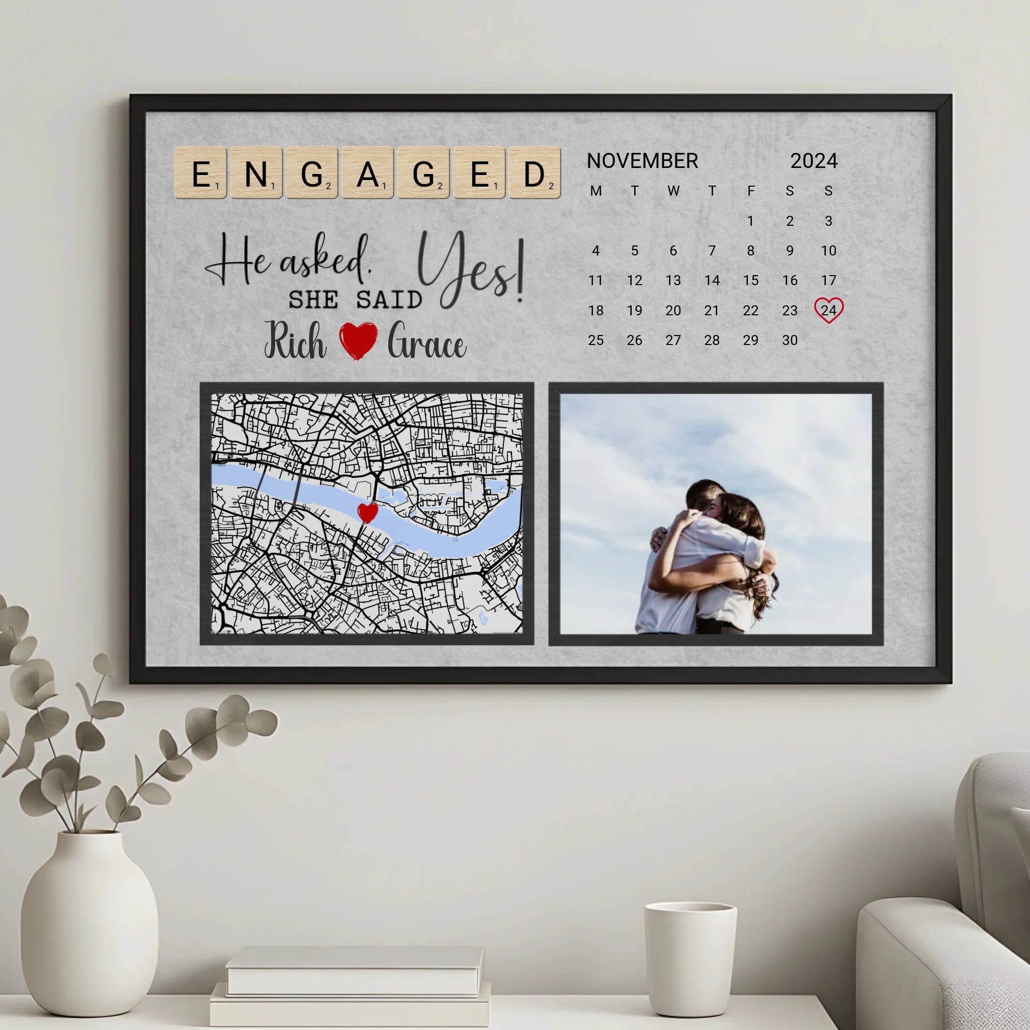Personalised photo print with custom date and map in black frame, A4 or A3