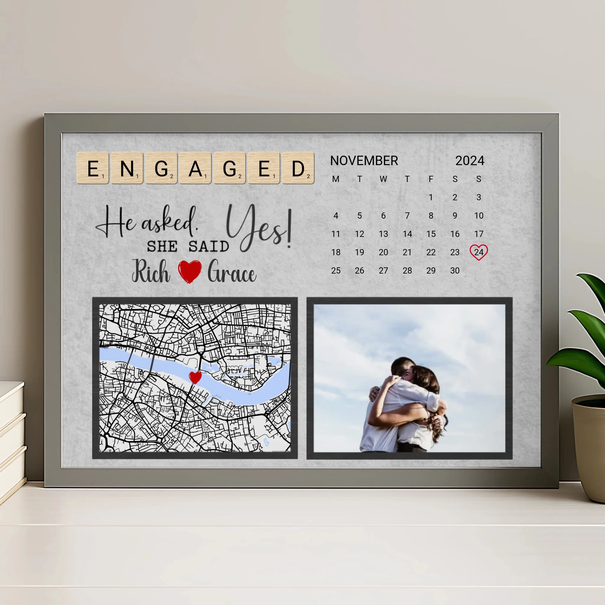 Personalised calendar print in grey frame with custom date, map and photo