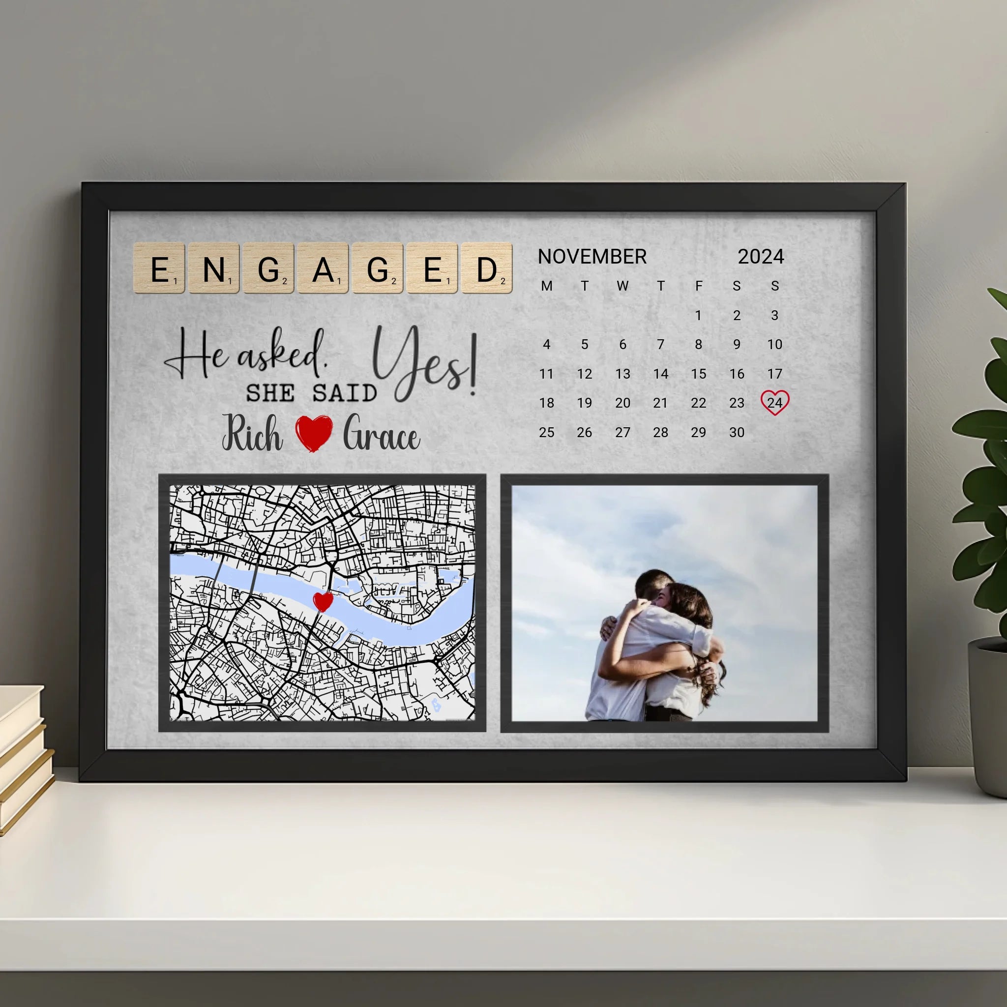 Personalised engagement gift print with custom photo, date and map on wall