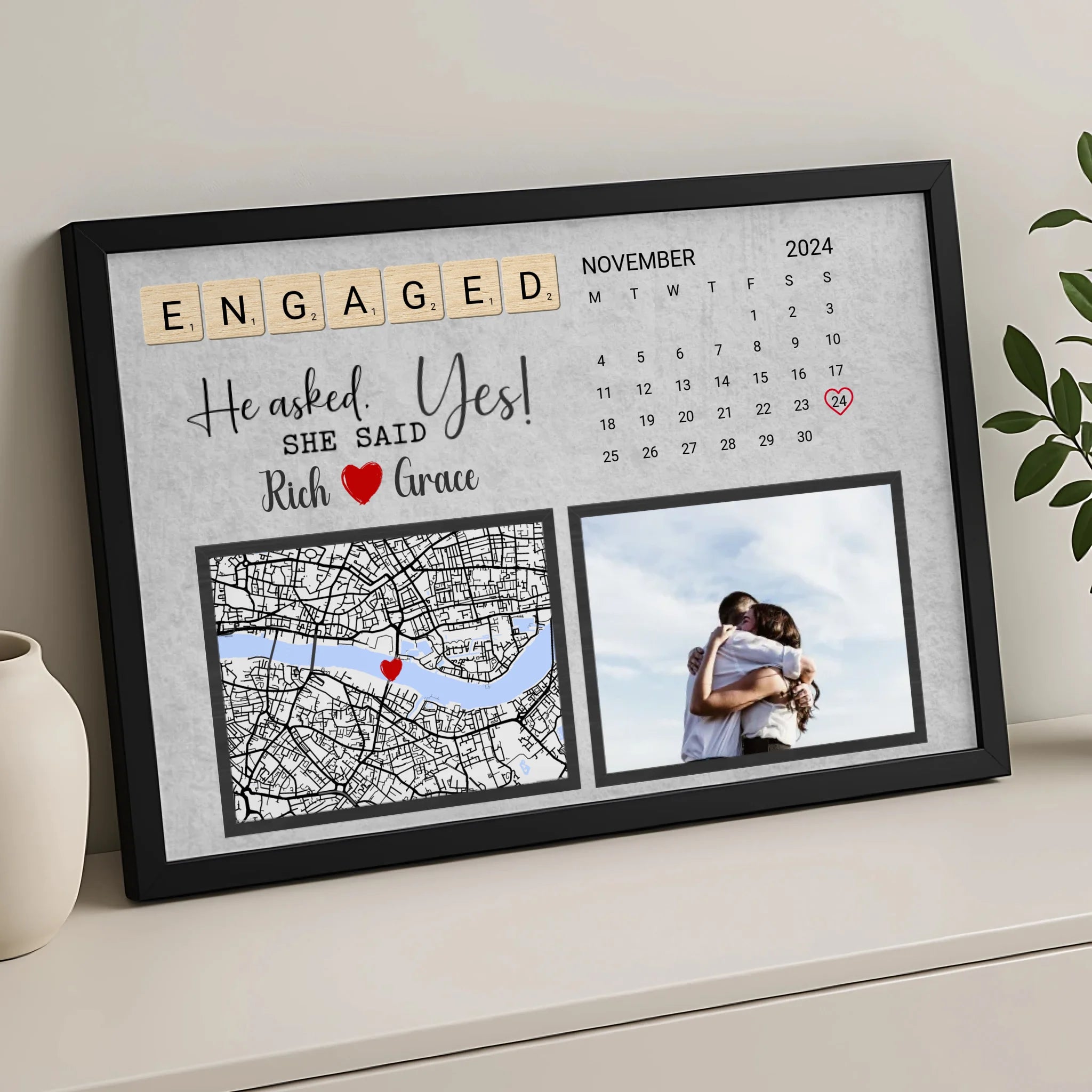 Close-up of personalised calendar print showing custom date and location map detail