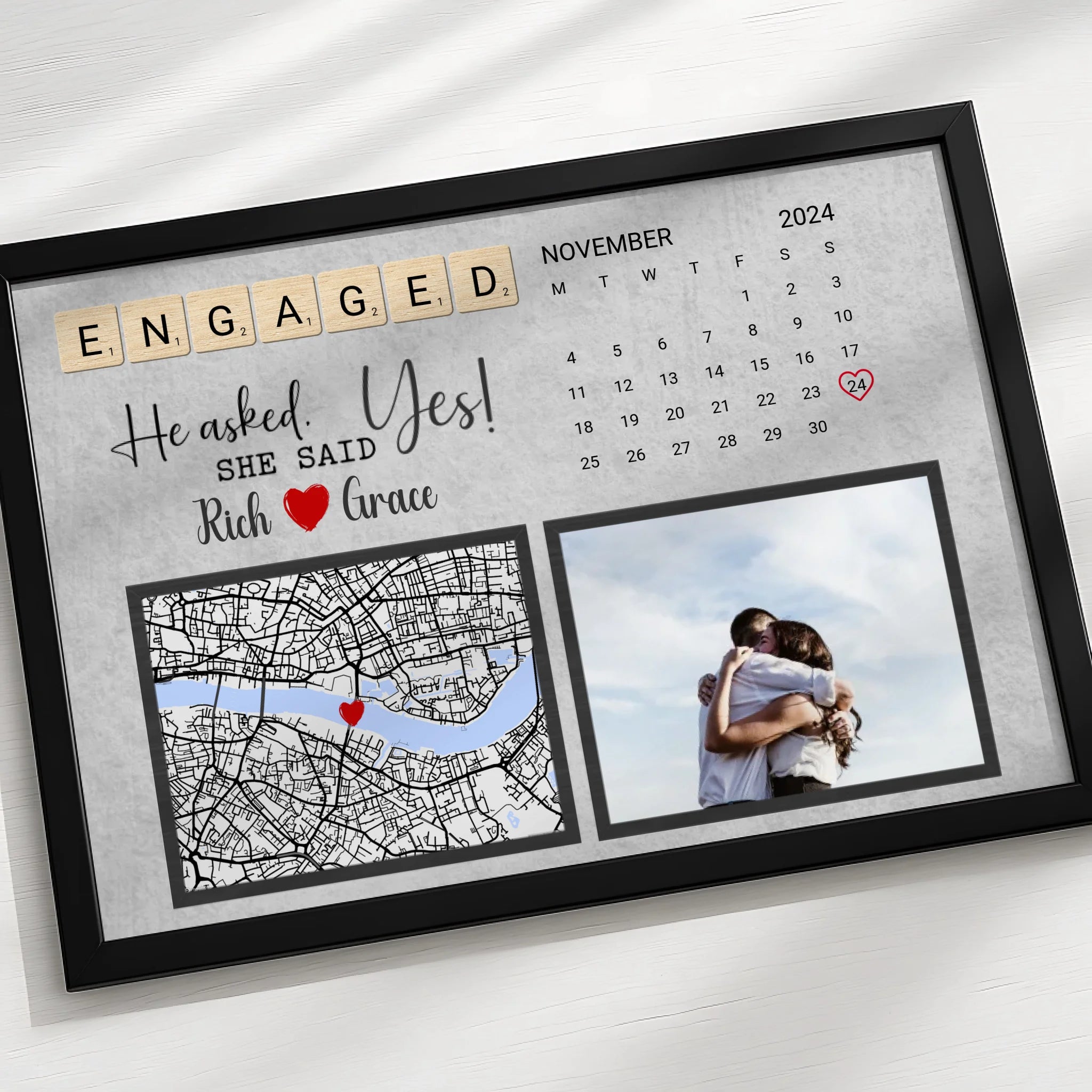 Custom photo frame gift showing engagement date print with map and photograph