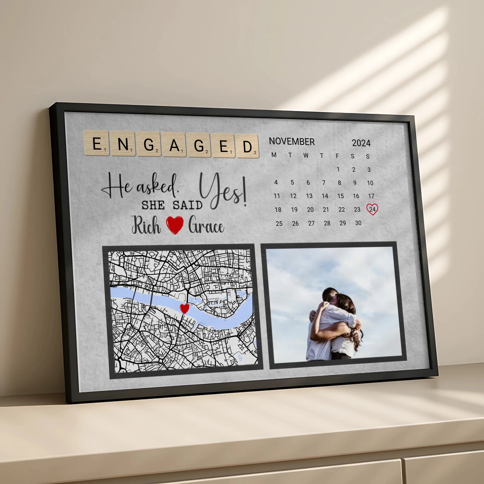 A3 personalised engagement print with photo and map in a light wood frame