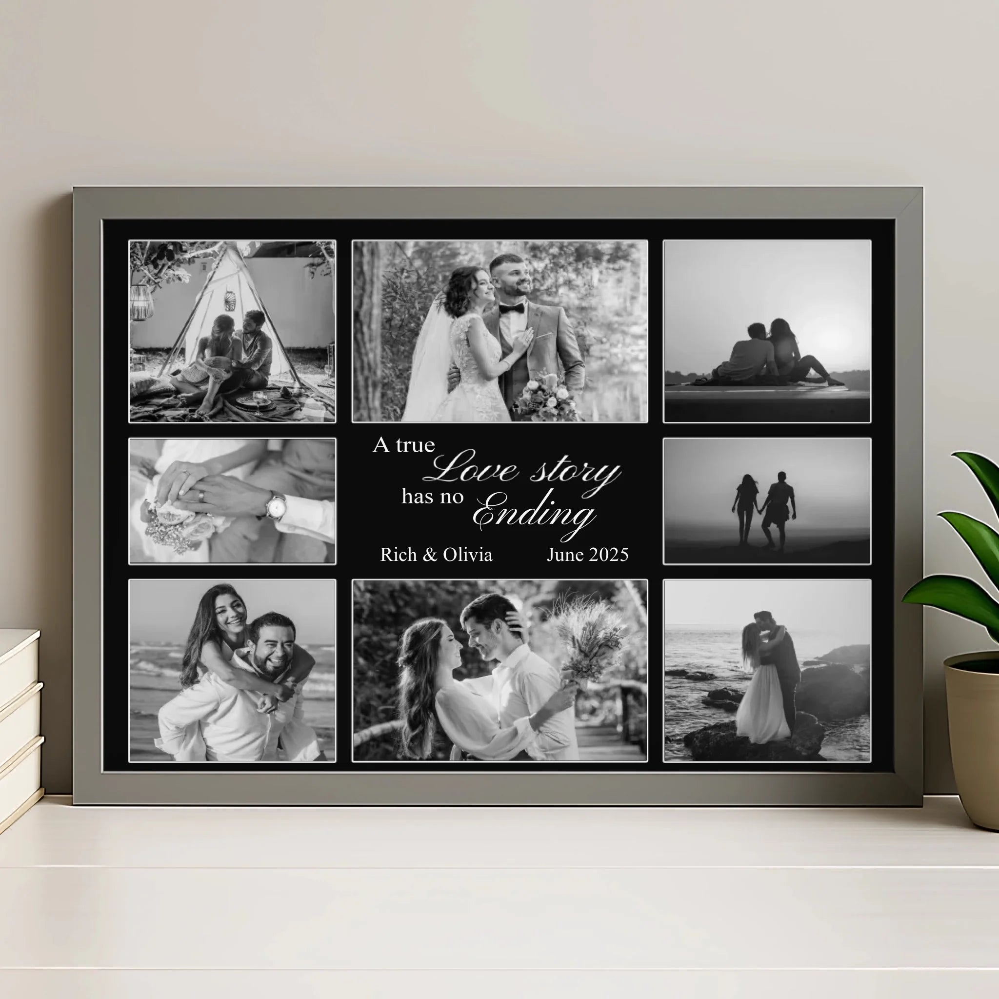 Personalised photo collage print in a grey frame, showing 8 photos with a custom quote