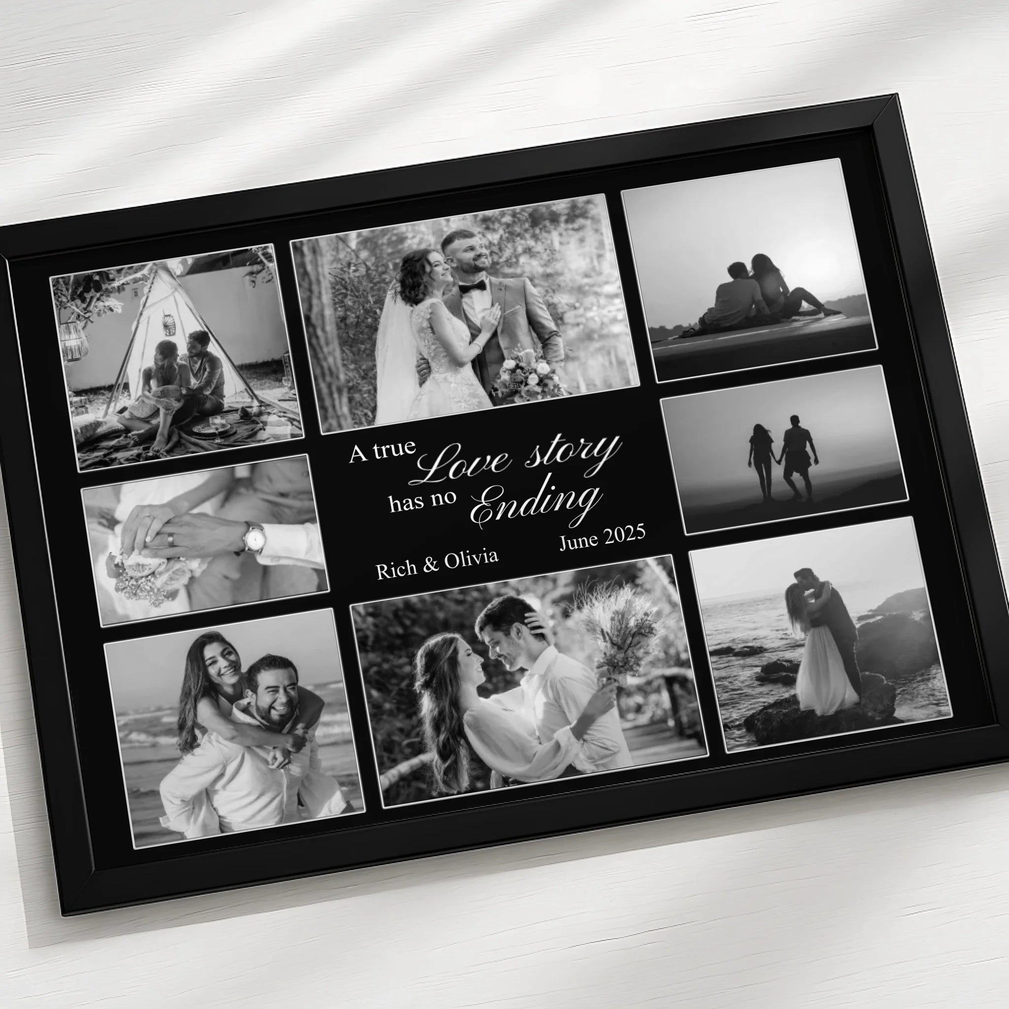 Framed personalised photo collage print with custom quote, suitable for wedding or anniversary gift