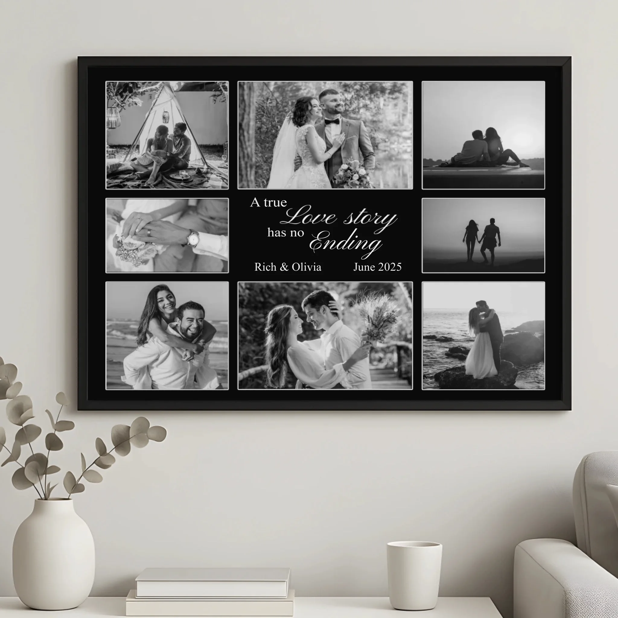 Custom 8-photo collage print with personalised quote displayed in a black frame