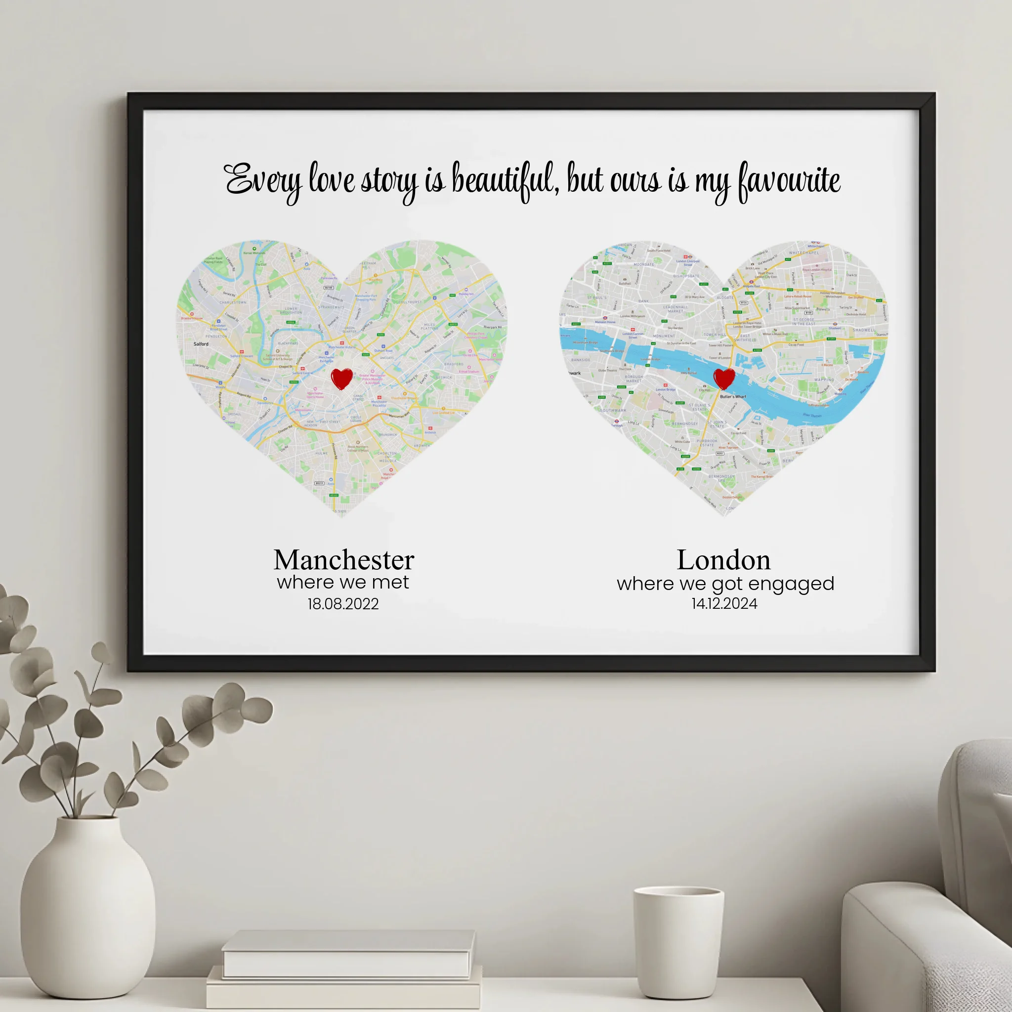 Framed personalised double heart map print with date detail