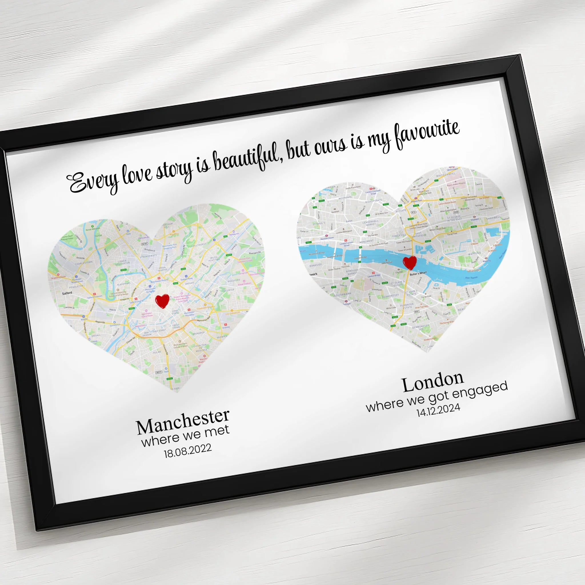 Personalised map print with two heart shapes and custom location names