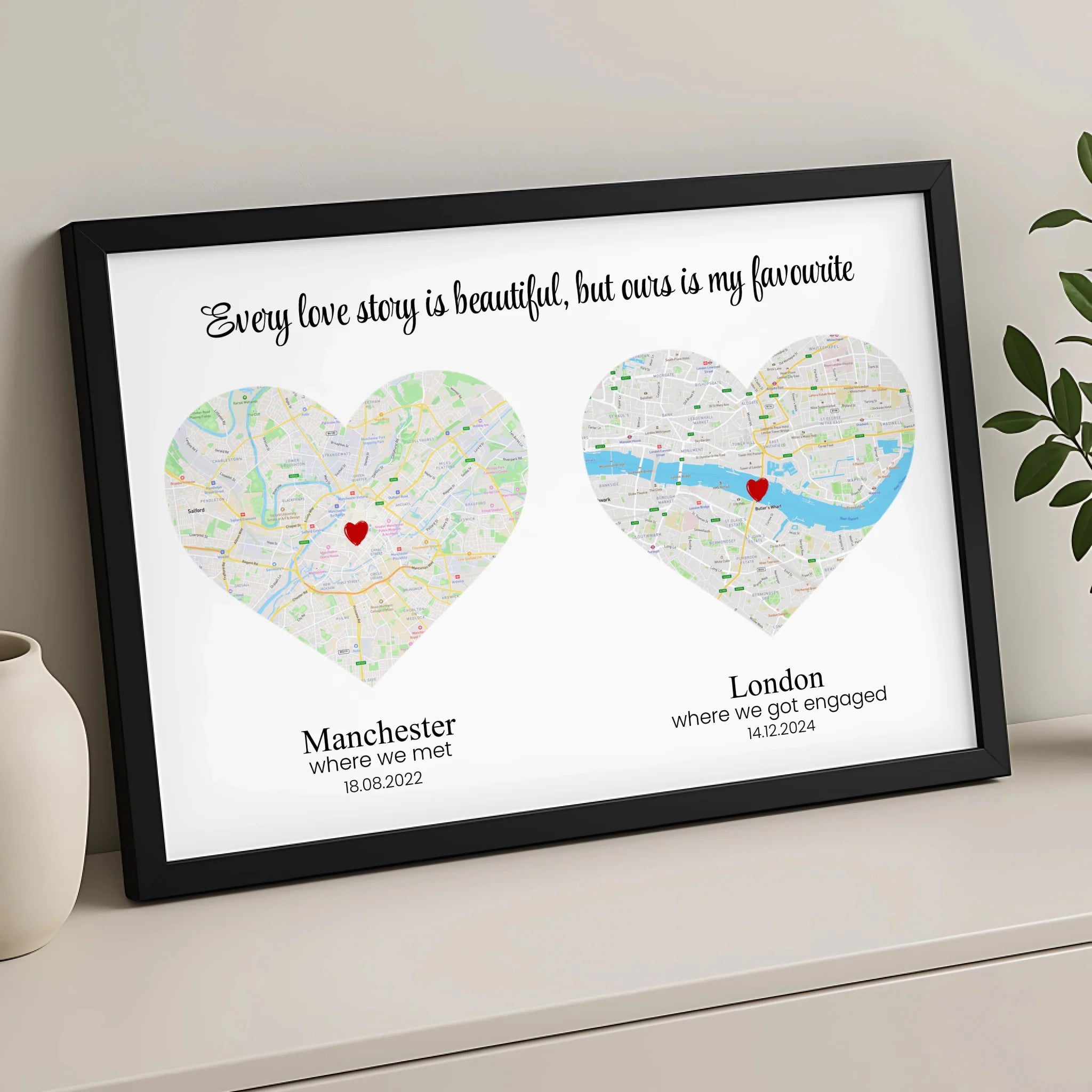Close-up of personalised two location heart map print showing custom place names