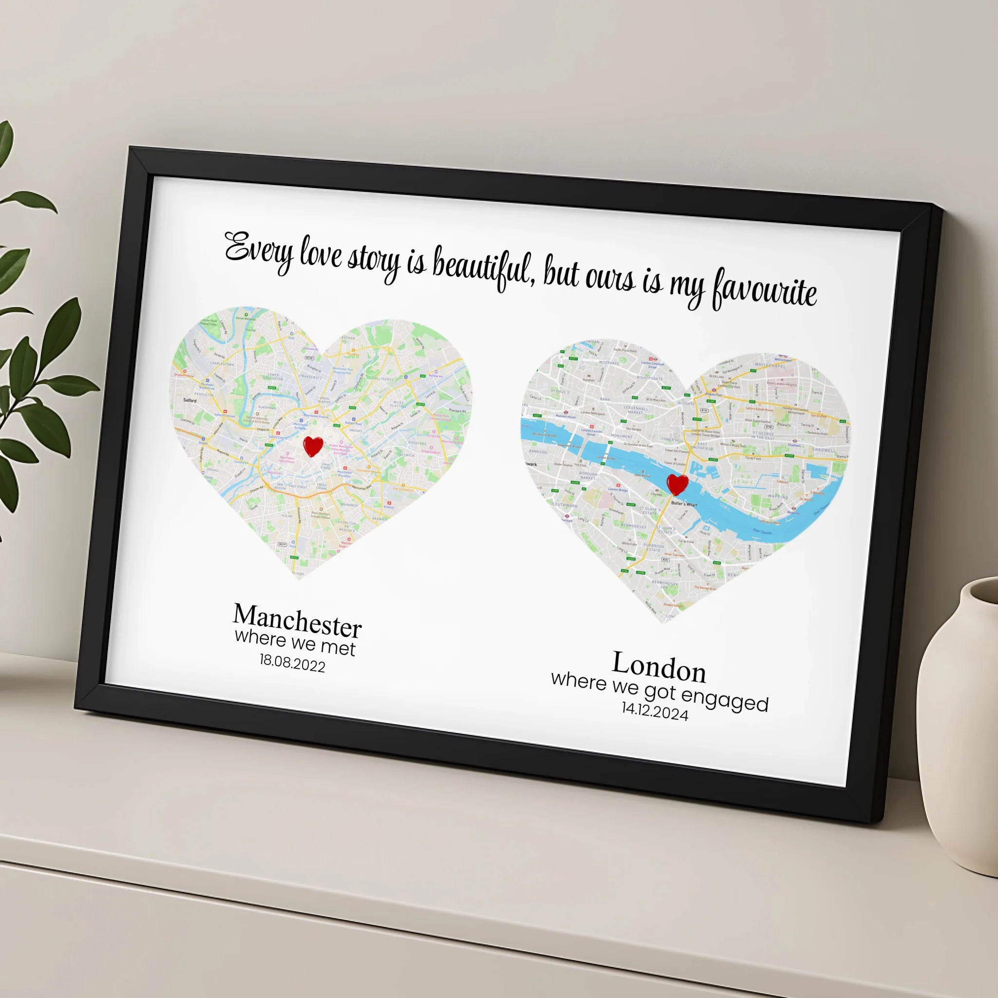 Personalised heart map print displayed in a frame as a couple gift