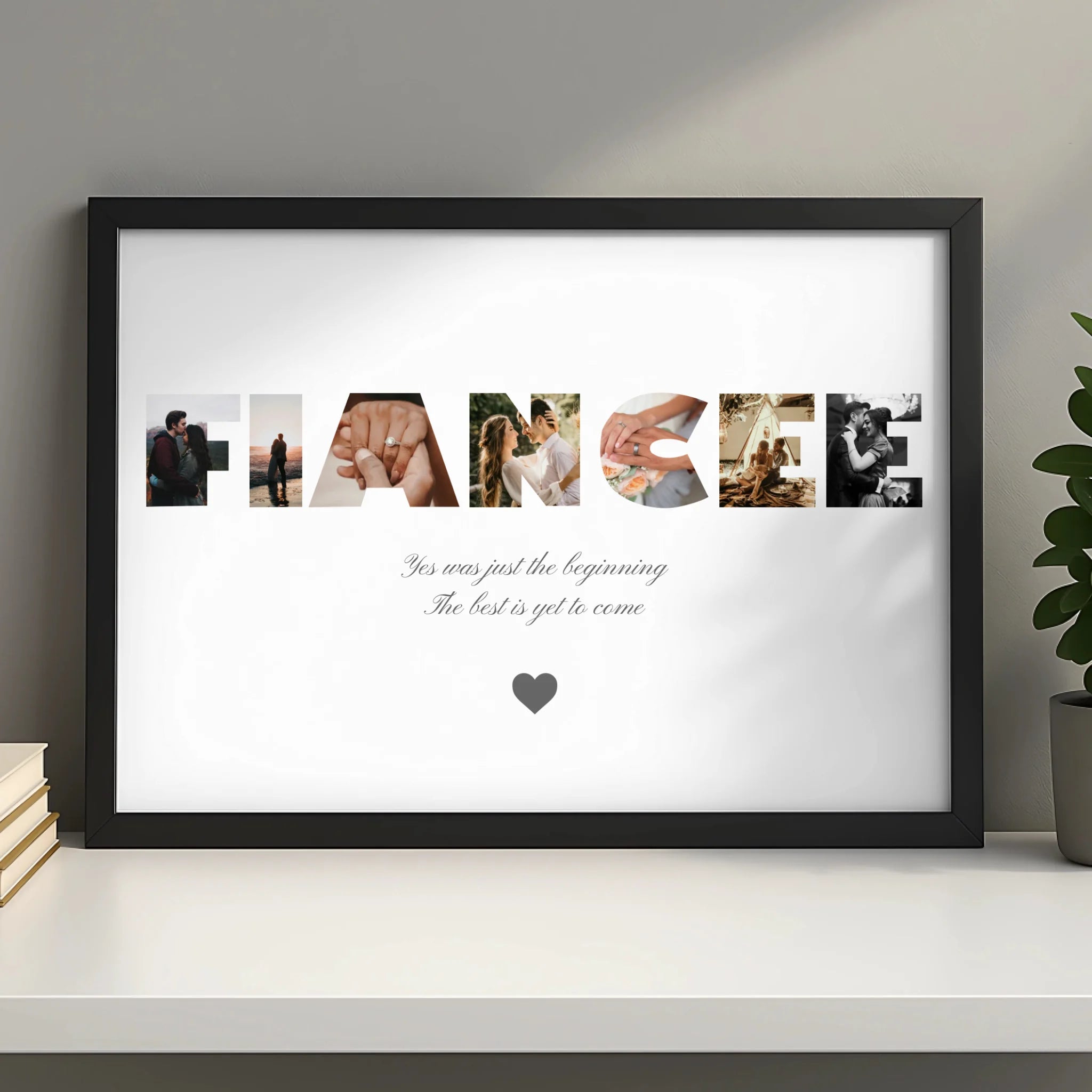 Custom fiancée photo collage print framed in black as a personalised engagement gift