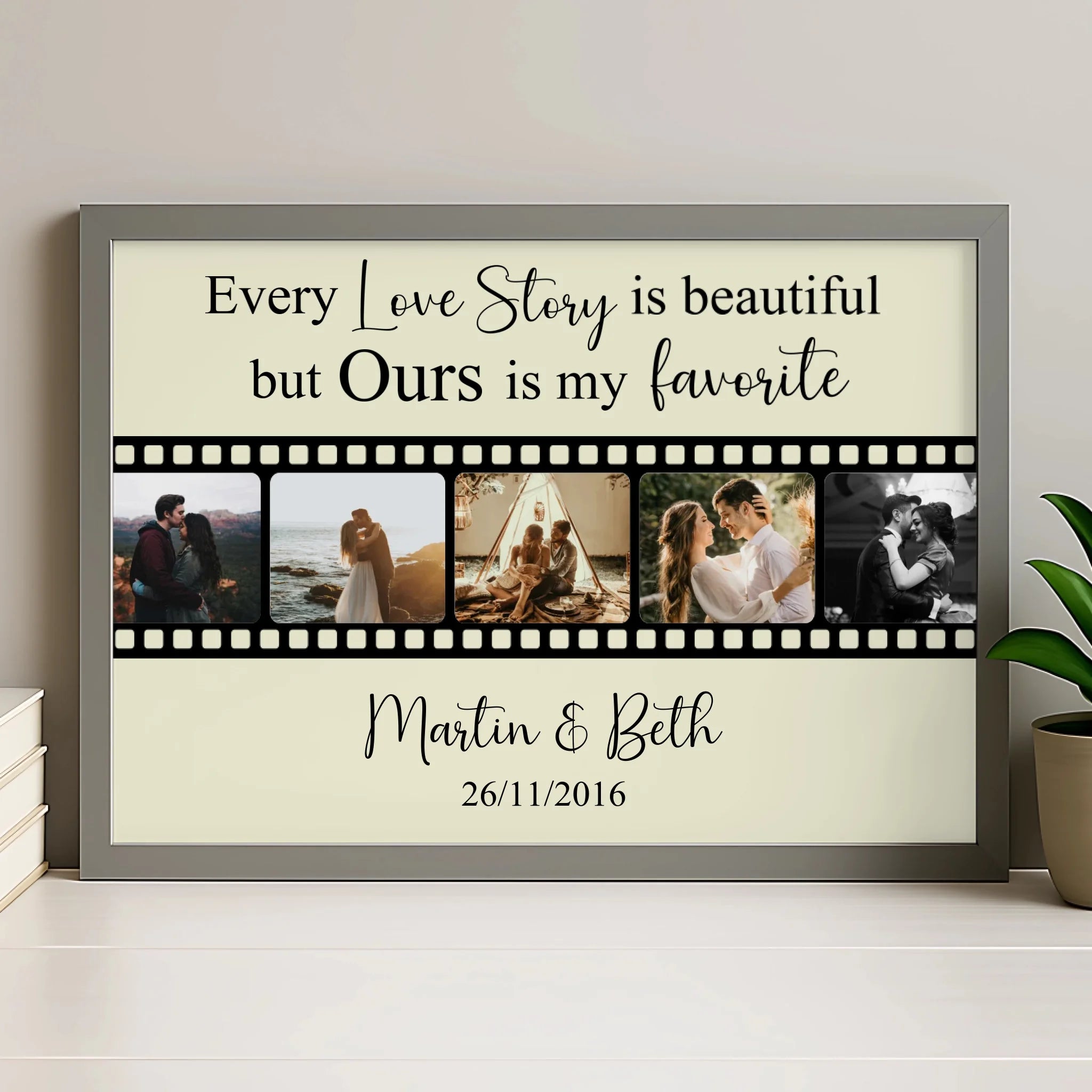 Personalised film strip print shown in a grey frame