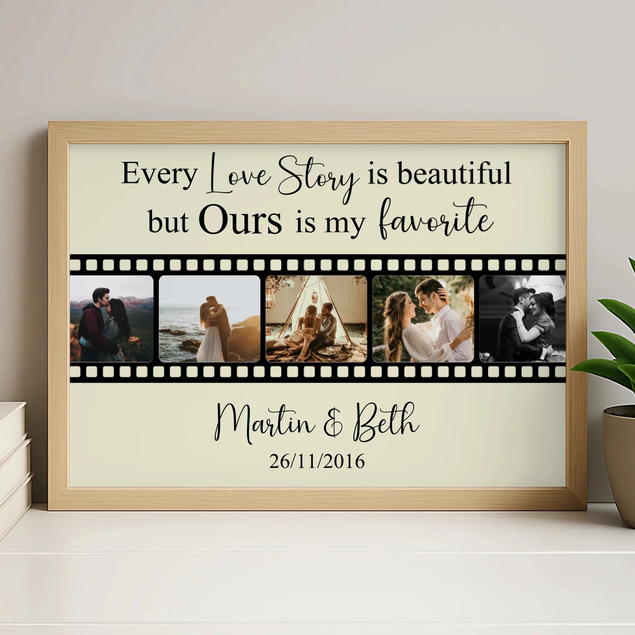 Personalised film strip photo print shown in a white frame