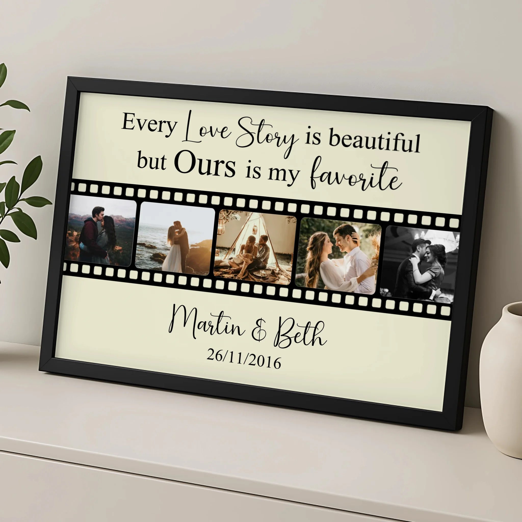 Close-up of personalised film strip print with custom name and date text