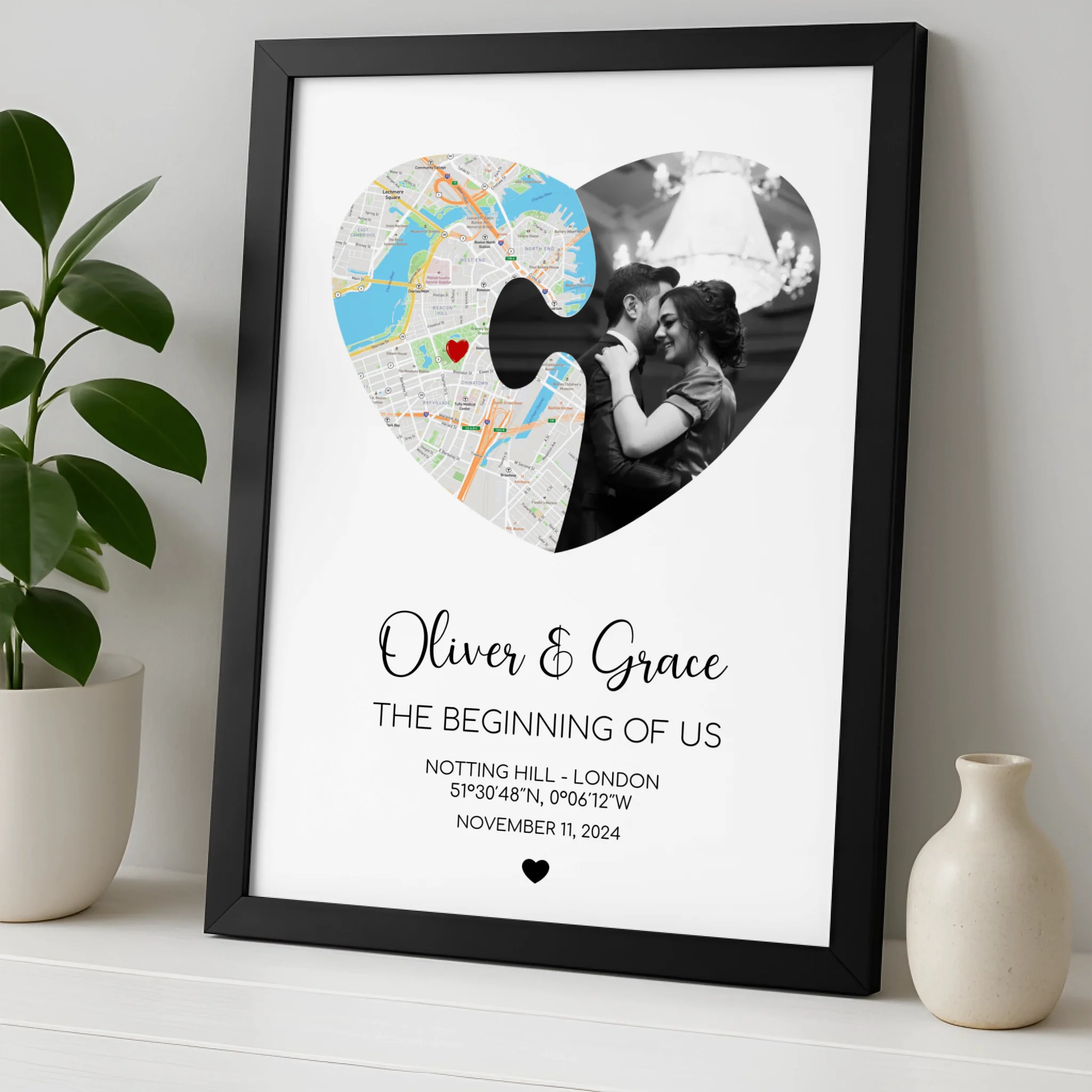 Close-up of a custom puzzle piece heart photo frame showing names, date and location text