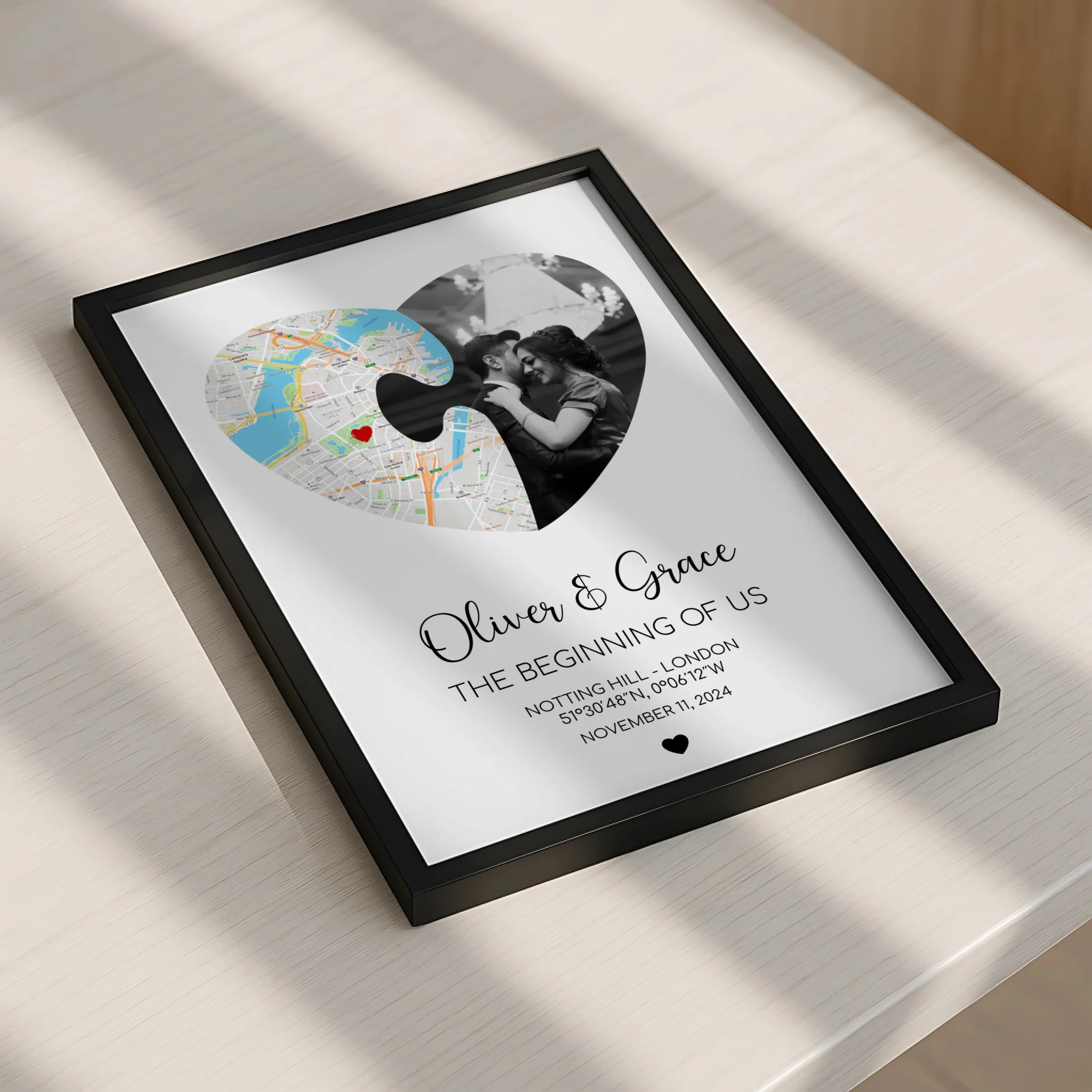 Personalised puzzle piece heart print gift showing photo and map design in a frame
